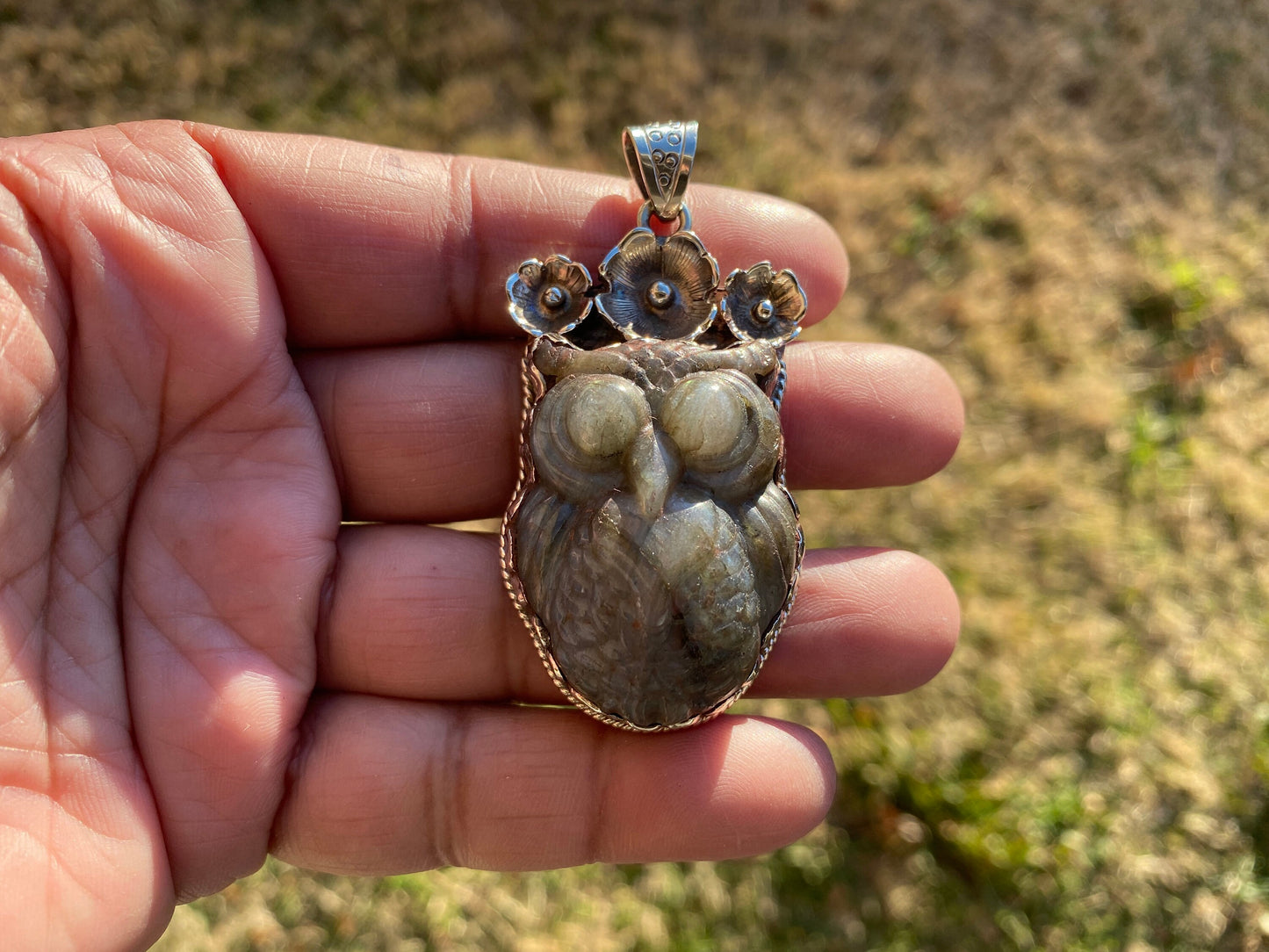Hand Carved Owl Labradorite Tibetan Silver Pendant, Owl Pendant, Labradorite Owl, Blue Labradorite, Wildlife Jewelry, Animal Lover's Pendant