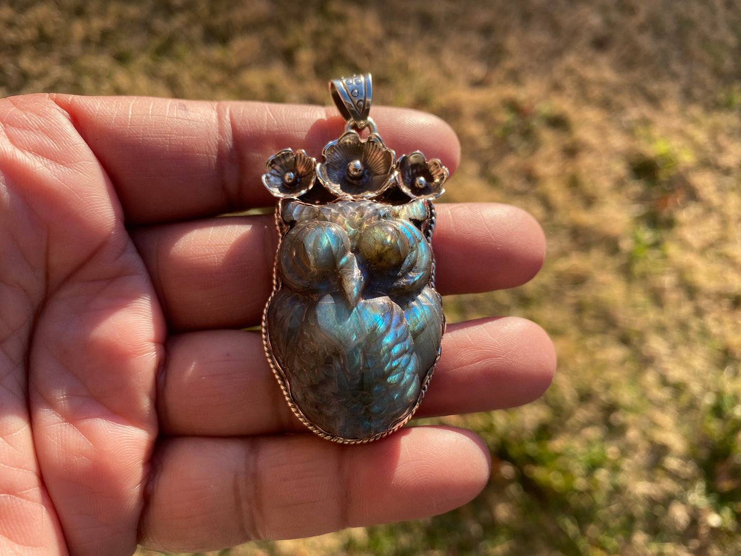 Hand Carved Owl Labradorite Tibetan Silver Pendant, Owl Pendant, Labradorite Owl, Blue Labradorite, Wildlife Jewelry, Animal Lover's Pendant