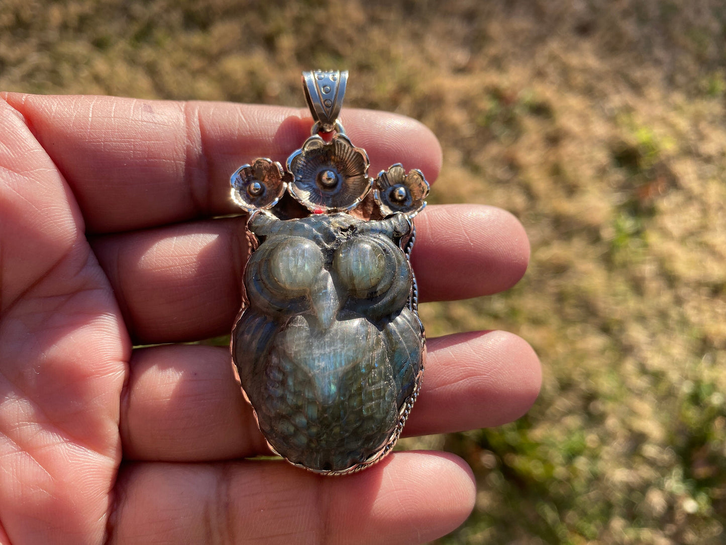 Hand Carved Owl Labradorite Tibetan Silver Pendant, Owl Pendant, Labradorite Owl, Blue Labradorite, Wildlife Jewelry, Animal Lover's Pendant
