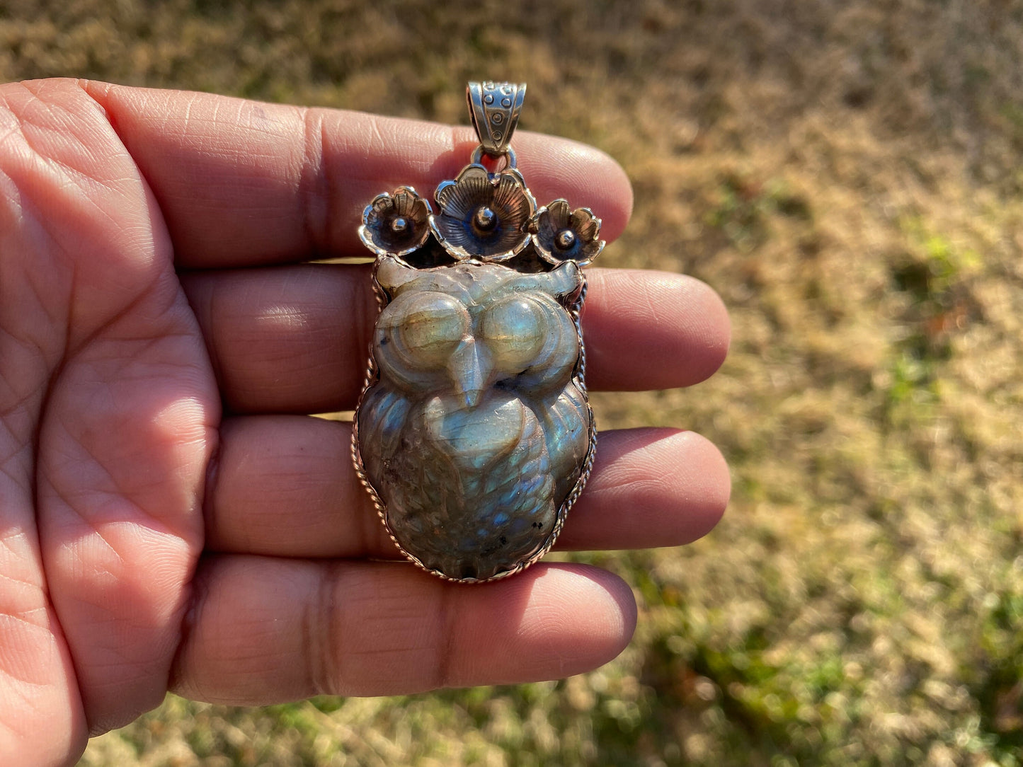 Hand Carved Owl Labradorite Tibetan Silver Pendant, Owl Pendant, Labradorite Owl, Blue Labradorite, Wildlife Jewelry, Animal Lover's Pendant