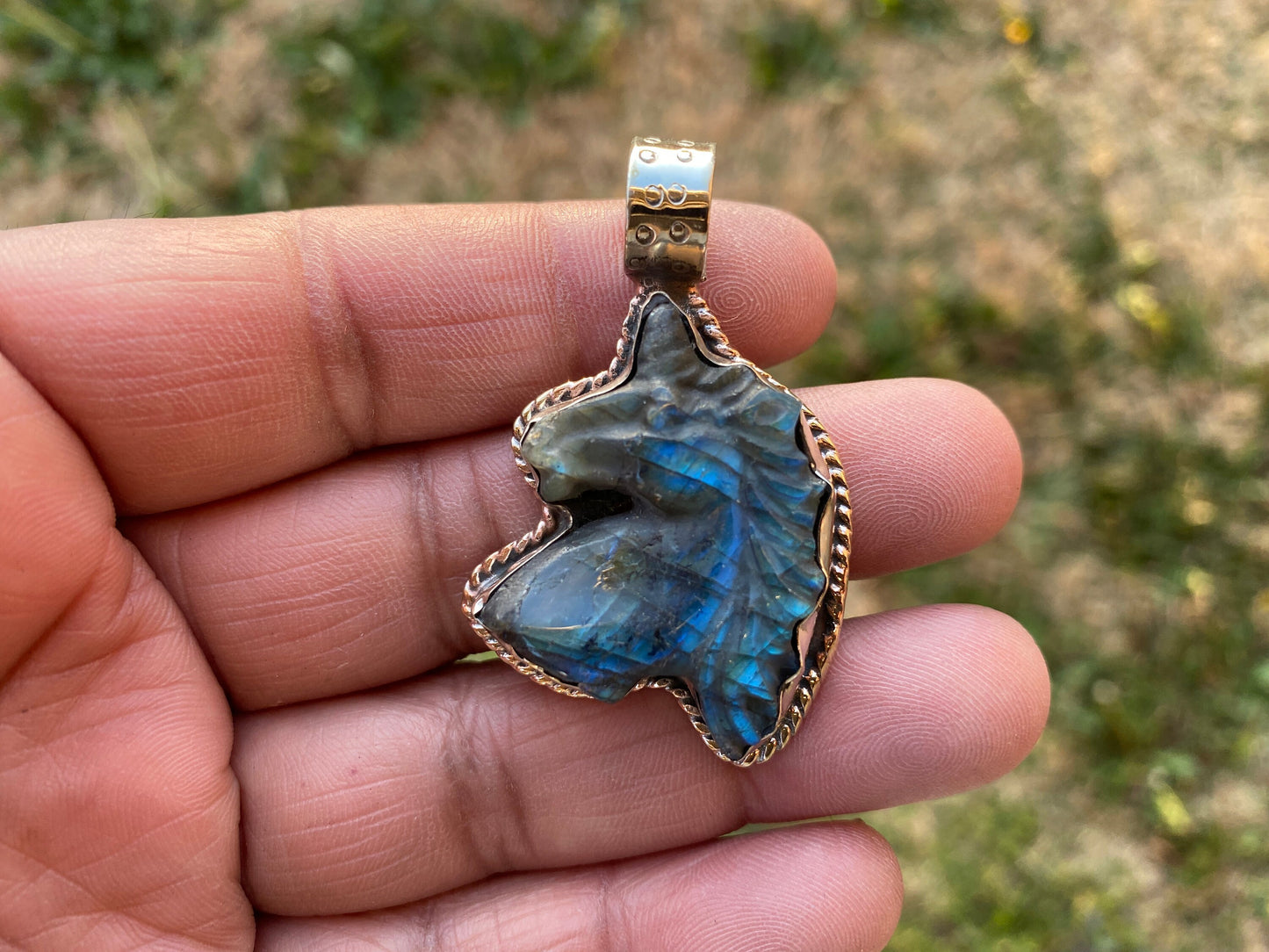 Hand Carved Small Unicorn Labradorite Tibetan Silver Pendant, Labradorite Unicorn, Blue Labradorite Horse, Healing Crystal, Animal Pendant