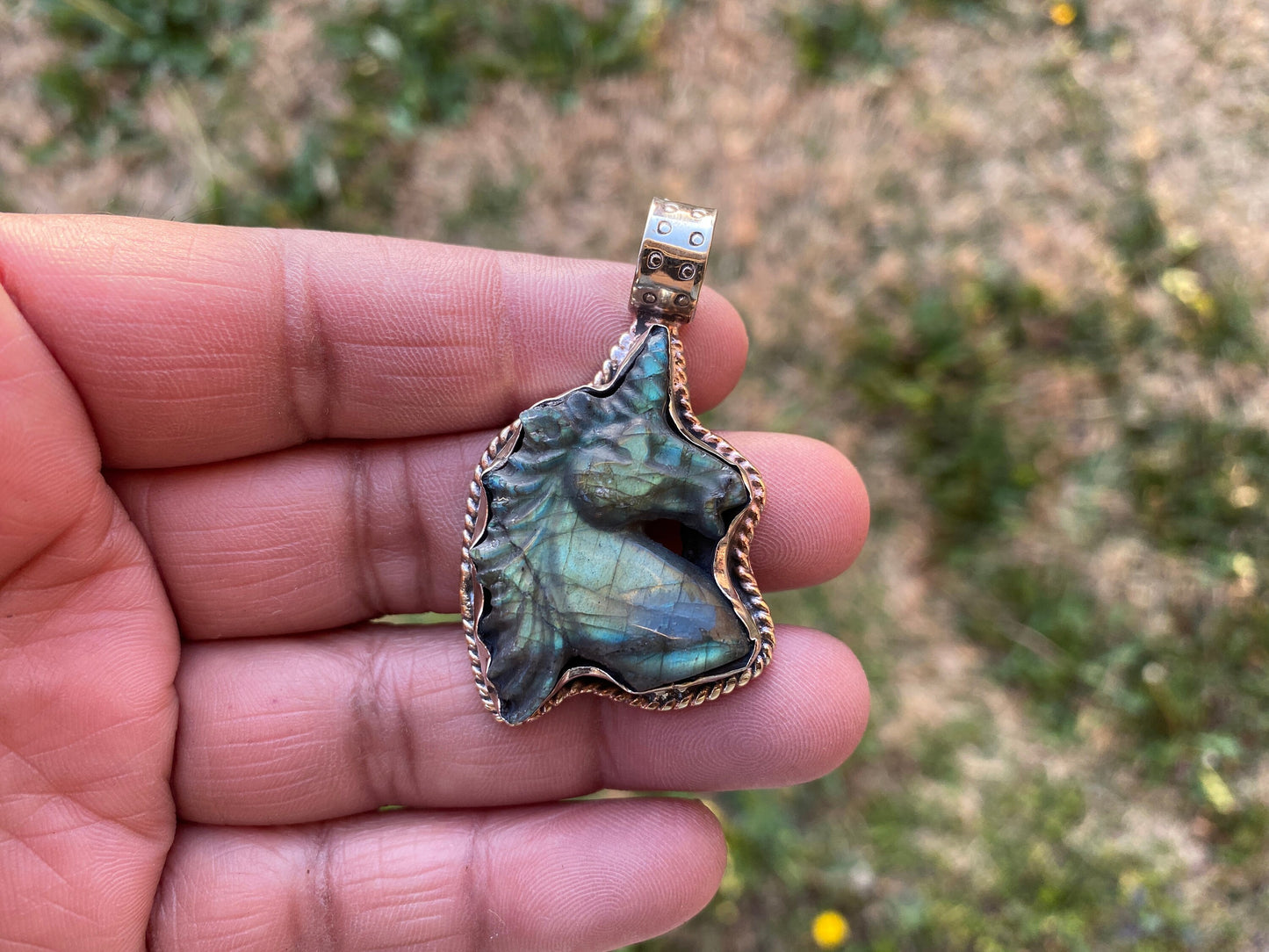 Hand Carved Small Unicorn Labradorite Tibetan Silver Pendant, Labradorite Unicorn, Blue Labradorite Horse, Healing Crystal, Animal Pendant