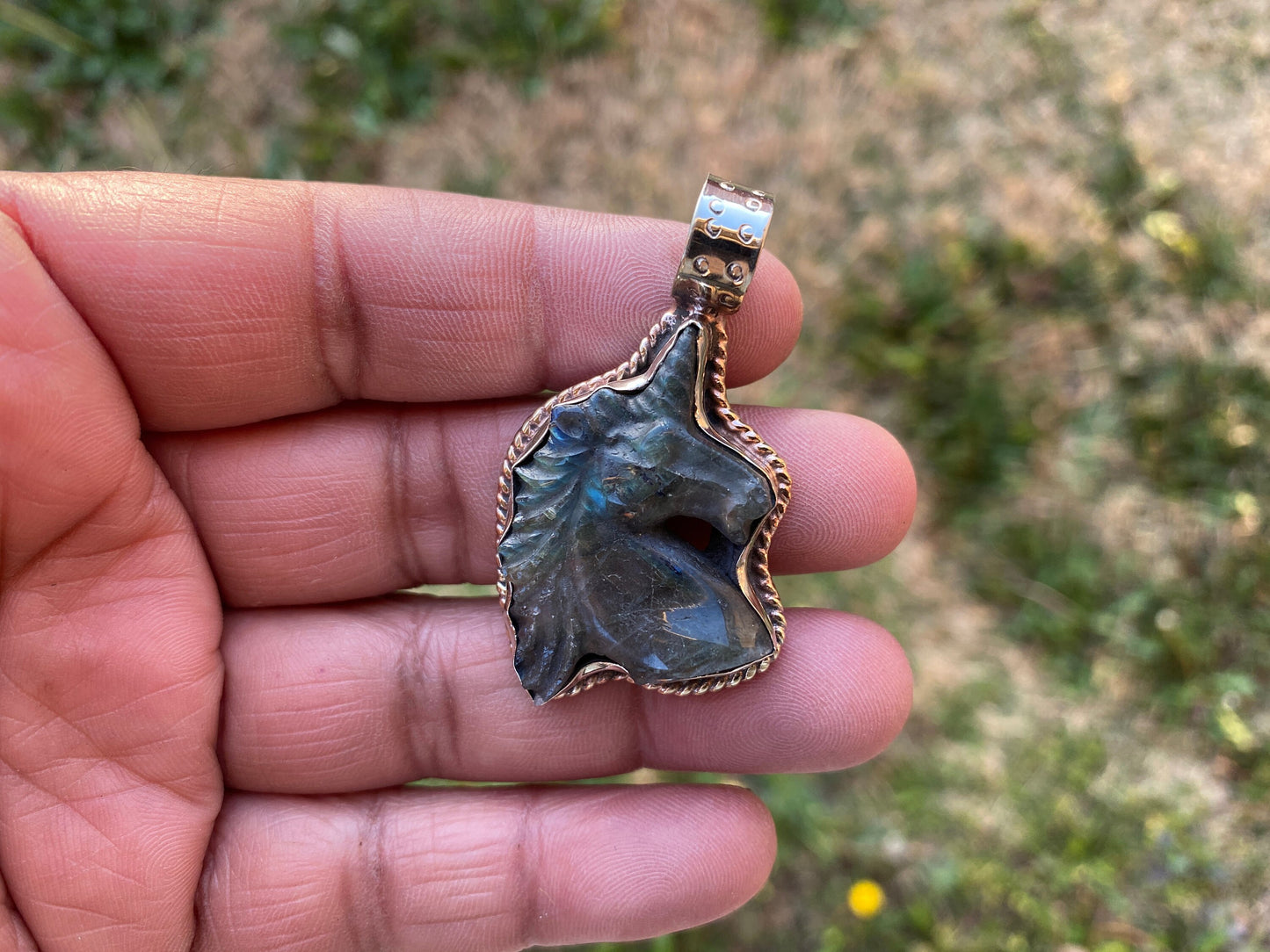 Hand Carved Small Unicorn Labradorite Tibetan Silver Pendant, Labradorite Unicorn, Blue Labradorite Horse, Healing Crystal, Animal Pendant