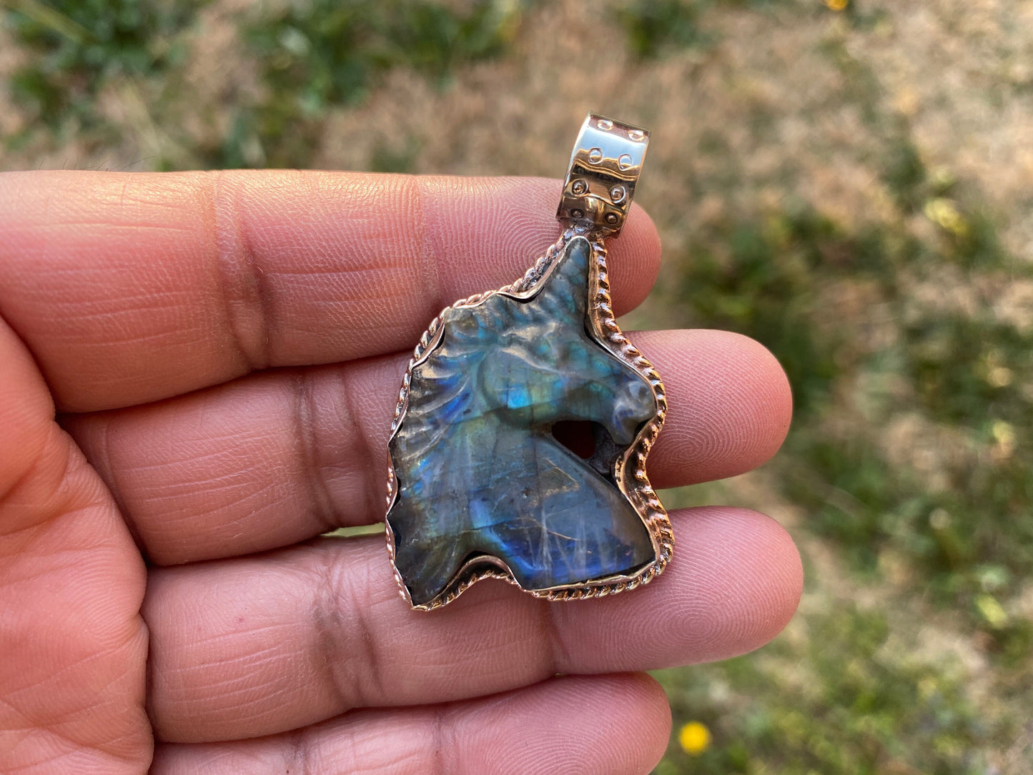 Hand Carved Small Unicorn Labradorite Tibetan Silver Pendant, Labradorite Unicorn, Blue Labradorite Horse, Healing Crystal, Animal Pendant