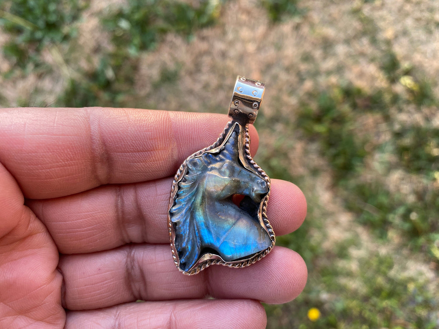 Hand Carved Small Unicorn Labradorite Tibetan Silver Pendant, Labradorite Unicorn, Blue Labradorite Horse, Healing Crystal, Animal Pendant