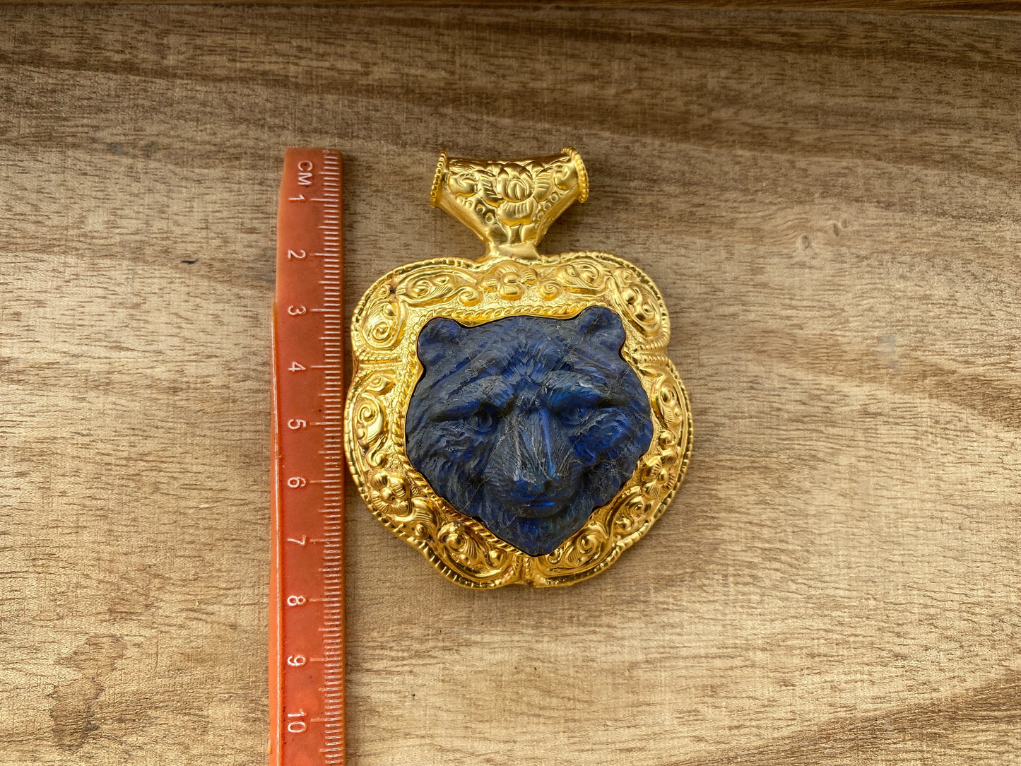 Hand Carved Tiger Labradorite Brushed Gold Overlay Large Pendant, Unique Carving, Exotic Accessory, Protective Gemstone, Wildlife Inspired