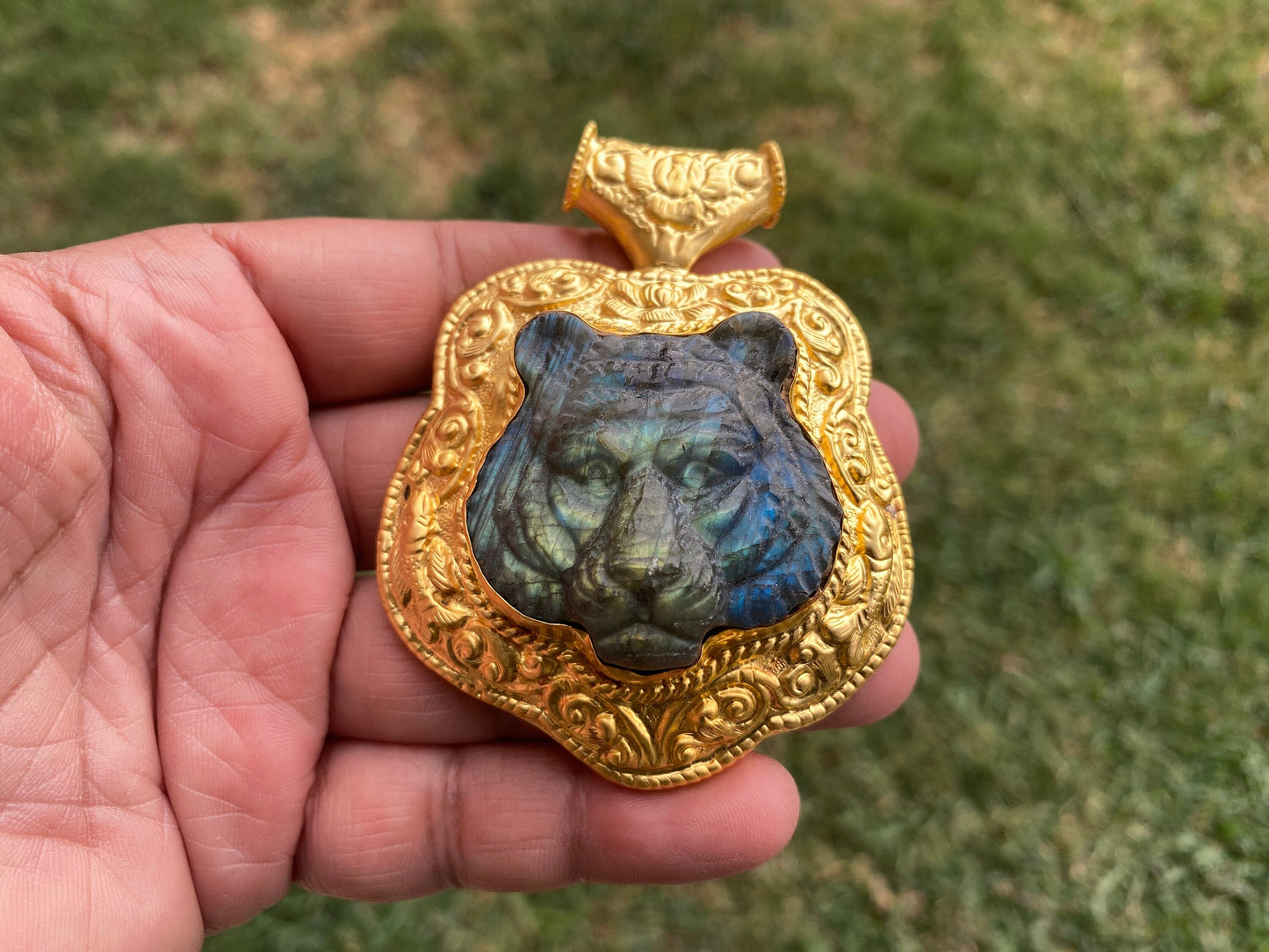 Hand Carved Tiger Labradorite Brushed Gold Overlay Large Pendant, Unique Carving, Exotic Accessory, Protective Gemstone, Wildlife Inspired