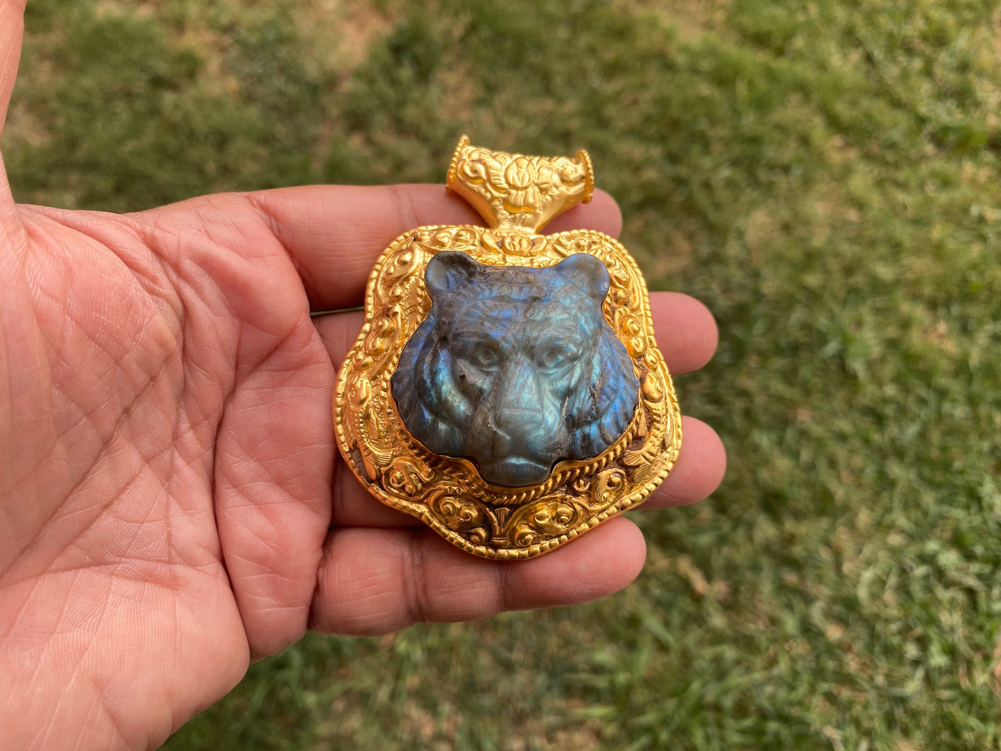 Hand Carved Tiger Labradorite Brushed Gold Overlay Large Pendant, Unique Carving, Exotic Accessory, Protective Gemstone, Wildlife Inspired