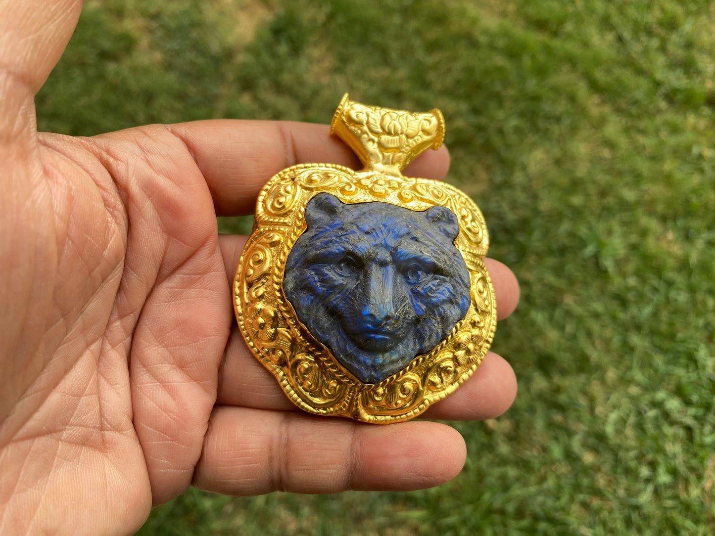 Hand Carved Tiger Labradorite Brushed Gold Overlay Large Pendant, Unique Carving, Exotic Accessory, Protective Gemstone, Wildlife Inspired