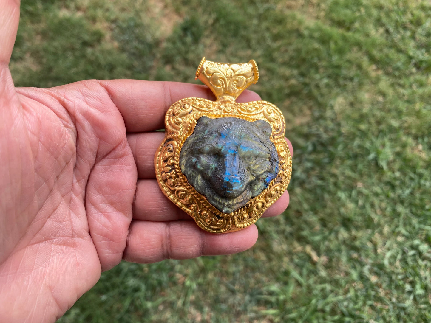 Hand Carved Tiger Labradorite Brushed Gold Overlay Large Pendant, Unique Carving, Exotic Accessory, Protective Gemstone, Wildlife Inspired