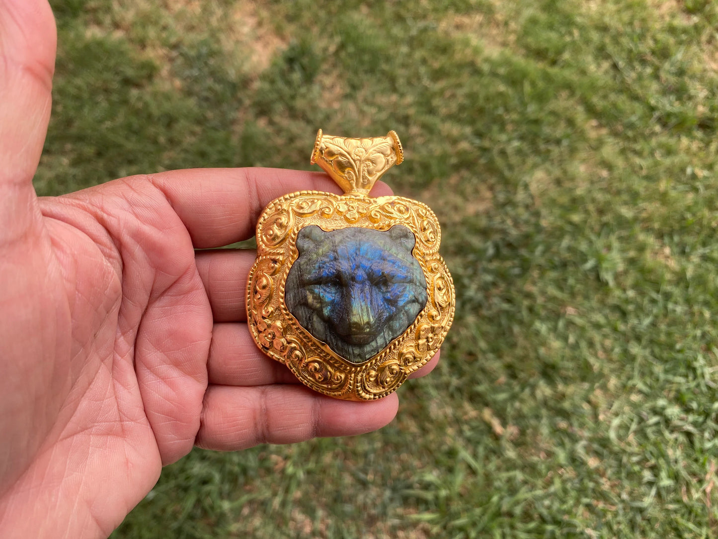 Hand Carved Tiger Labradorite Brushed Gold Overlay Large Pendant, Unique Carving, Exotic Accessory, Protective Gemstone, Wildlife Inspired