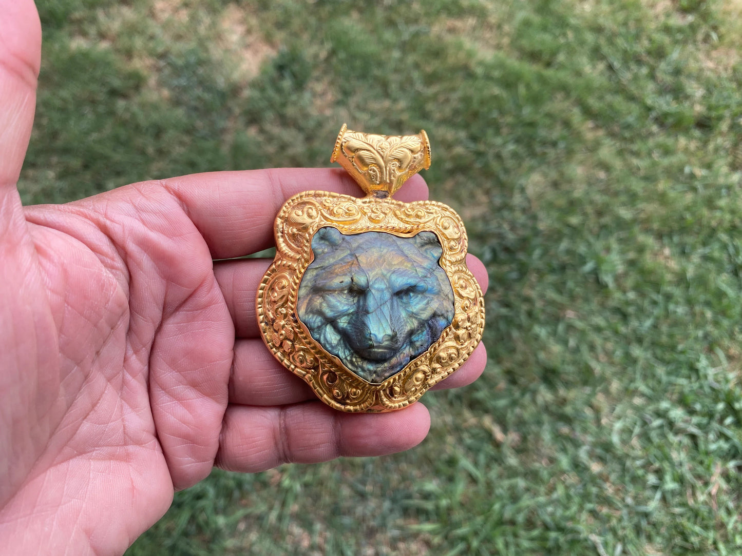 Hand Carved Tiger Labradorite Brushed Gold Overlay Large Pendant, Unique Carving, Exotic Accessory, Protective Gemstone, Wildlife Inspired