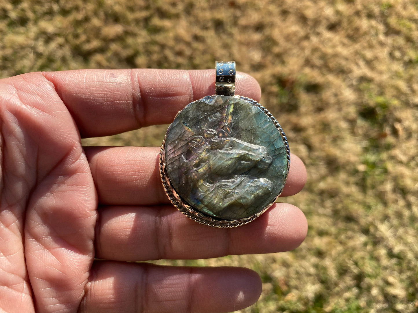 Hand Carved Unicorn Labradorite Tibetan Silver Pendant, Horse Pendant, Labradorite Horse, Blue Labradorite, Wildlife Jewelry, Animal Pendant