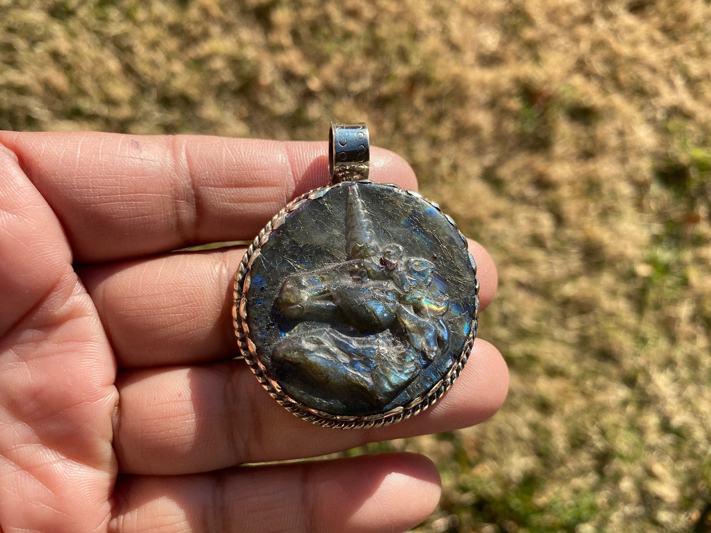 Hand Carved Unicorn Labradorite Tibetan Silver Pendant, Horse Pendant, Labradorite Horse, Blue Labradorite, Wildlife Jewelry, Animal Pendant