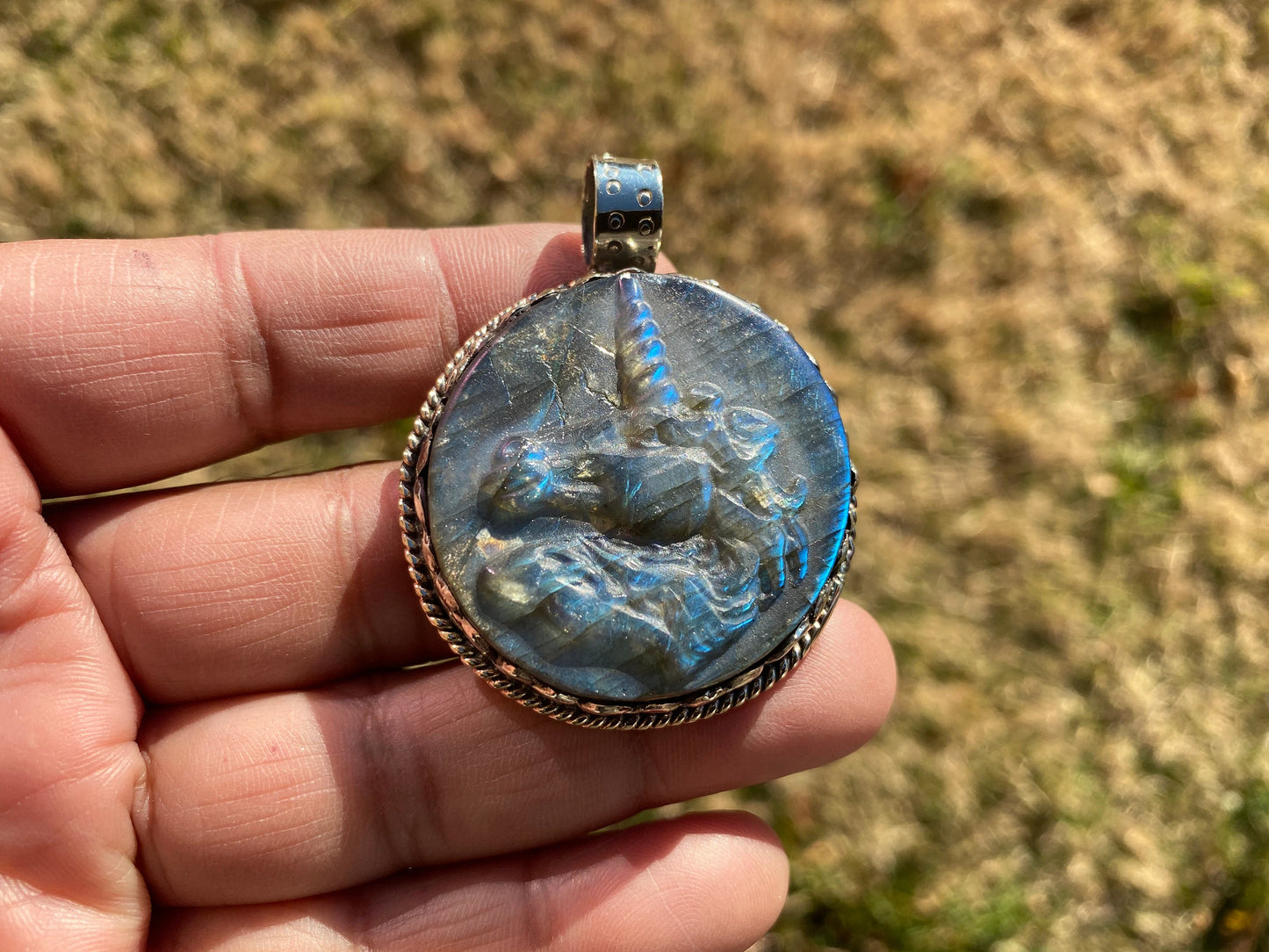 Hand Carved Unicorn Labradorite Tibetan Silver Pendant, Horse Pendant, Labradorite Horse, Blue Labradorite, Wildlife Jewelry, Animal Pendant