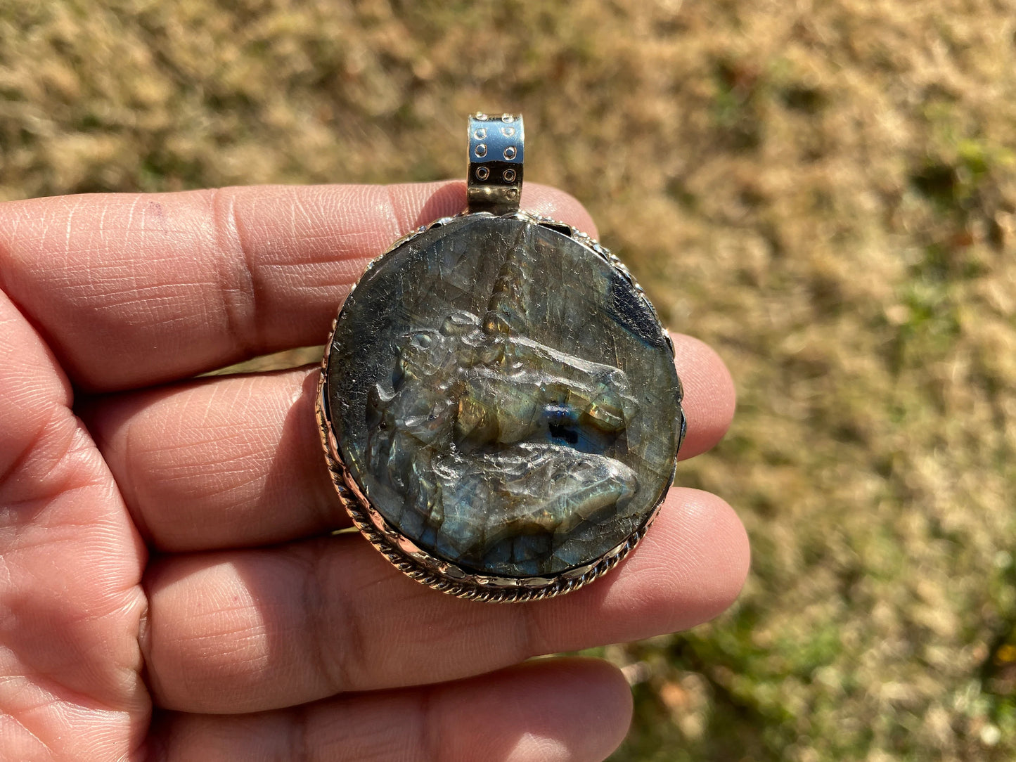 Hand Carved Unicorn Labradorite Tibetan Silver Pendant, Horse Pendant, Labradorite Horse, Blue Labradorite, Wildlife Jewelry, Animal Pendant
