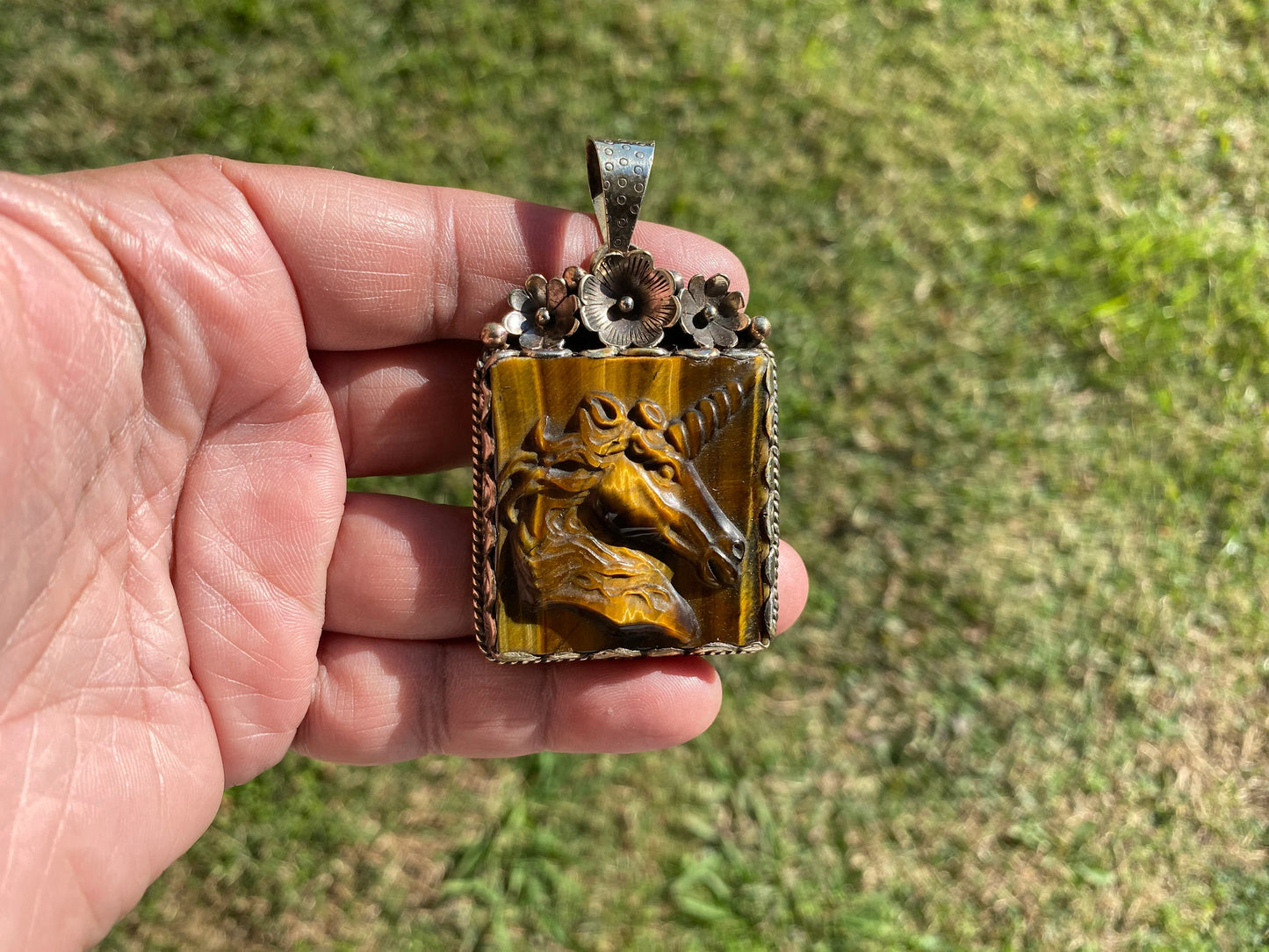 Hand Carved Unicorn Tiger Eye Natural Stone Tibetan Silver Pendant, Horse Pendant, Wildlife Jewelry, Animal Pendant, Natural Gemstone