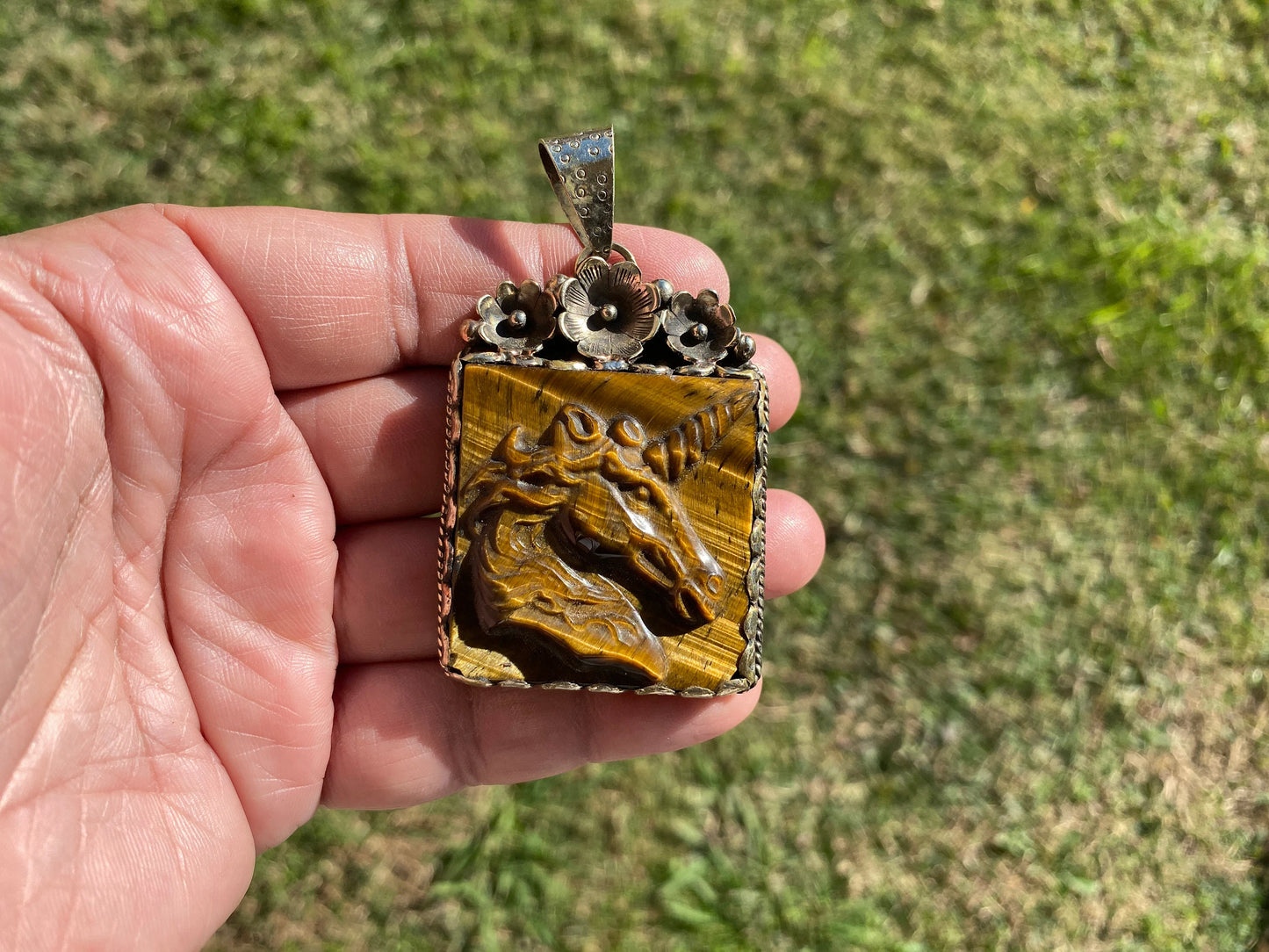 Hand Carved Unicorn Tiger Eye Natural Stone Tibetan Silver Pendant, Horse Pendant, Wildlife Jewelry, Animal Pendant, Natural Gemstone
