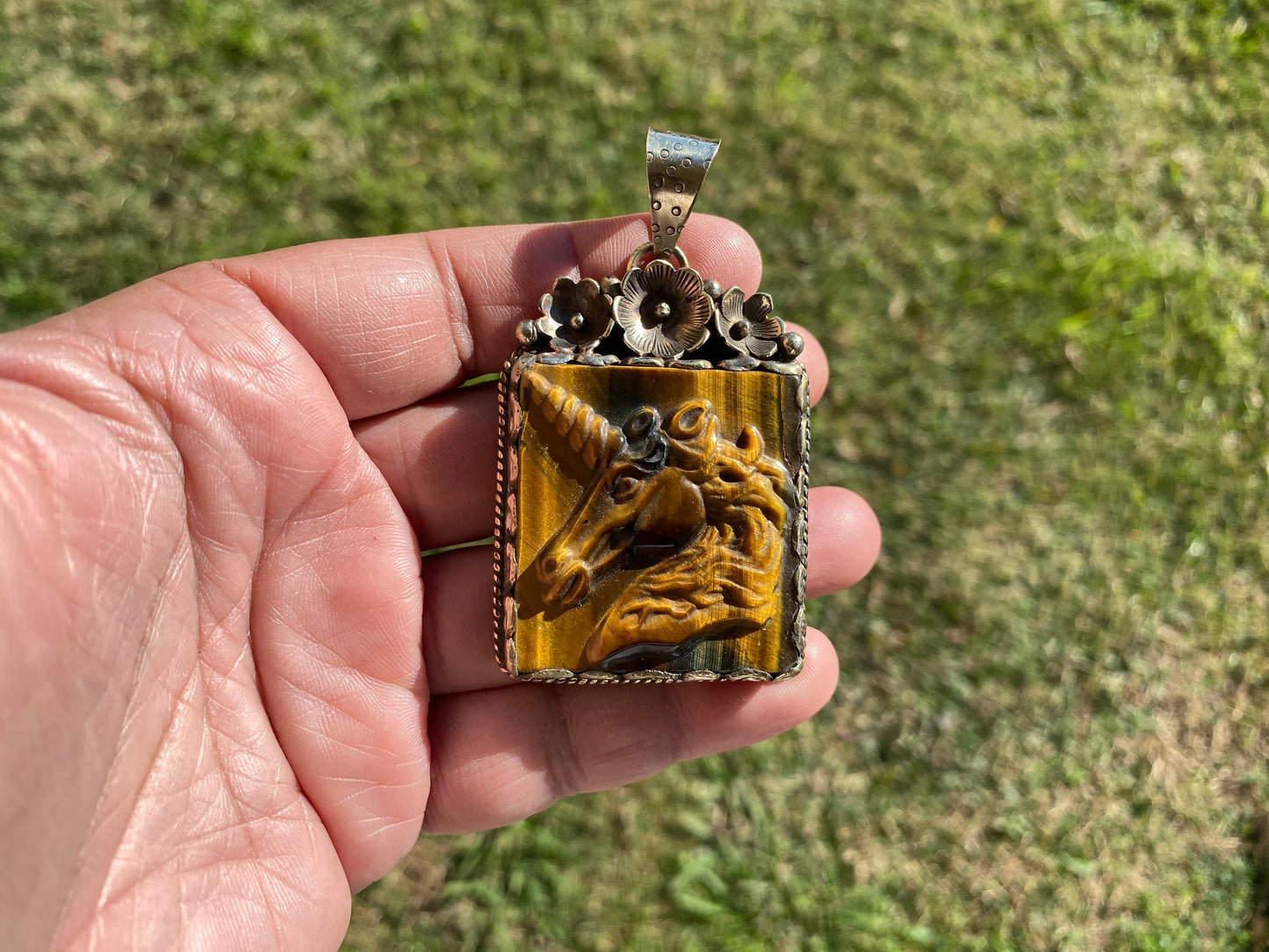 Hand Carved Unicorn Tiger Eye Natural Stone Tibetan Silver Pendant, Horse Pendant, Wildlife Jewelry, Animal Pendant, Natural Gemstone