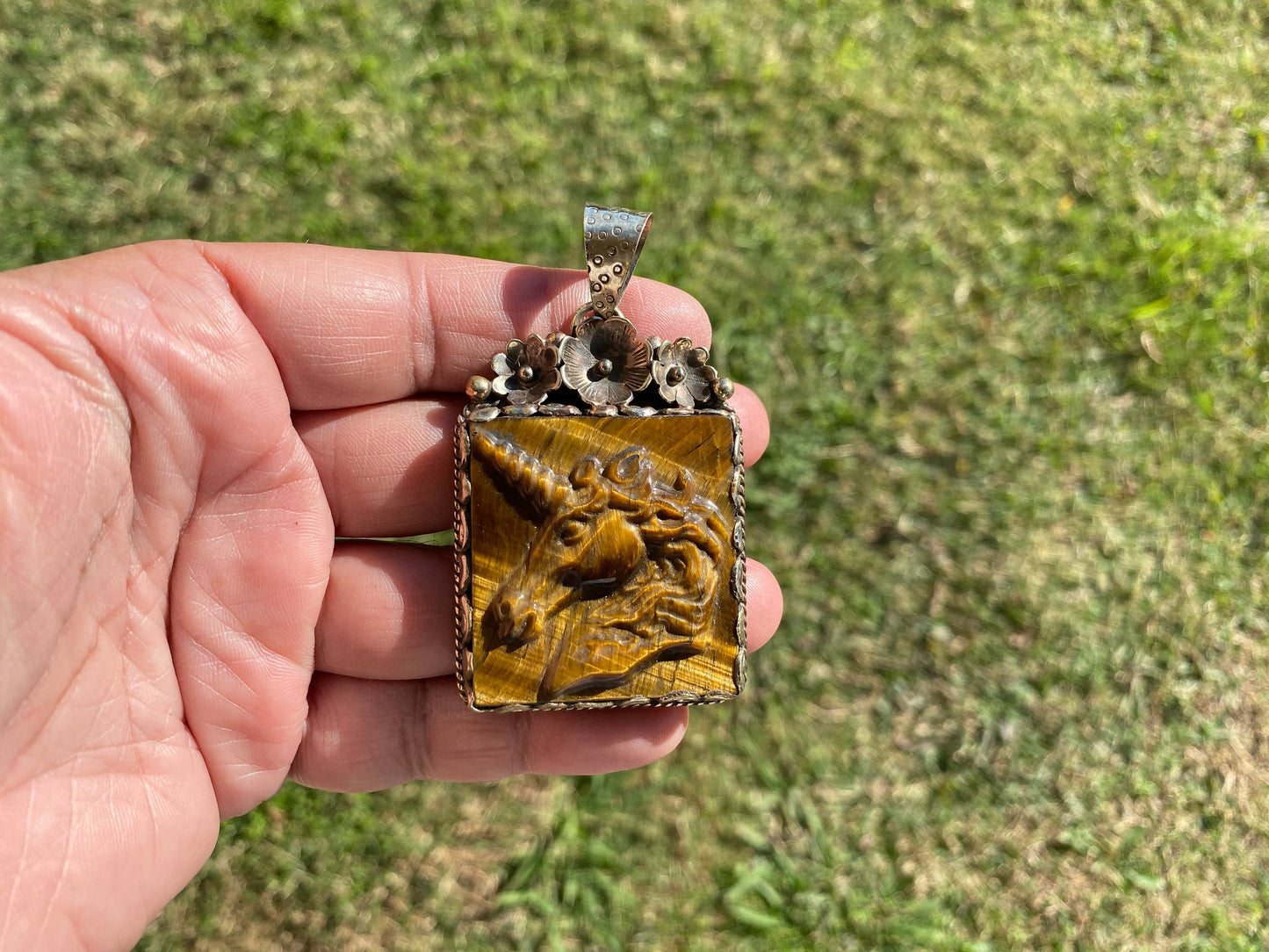 Hand Carved Unicorn Tiger Eye Natural Stone Tibetan Silver Pendant, Horse Pendant, Wildlife Jewelry, Animal Pendant, Natural Gemstone