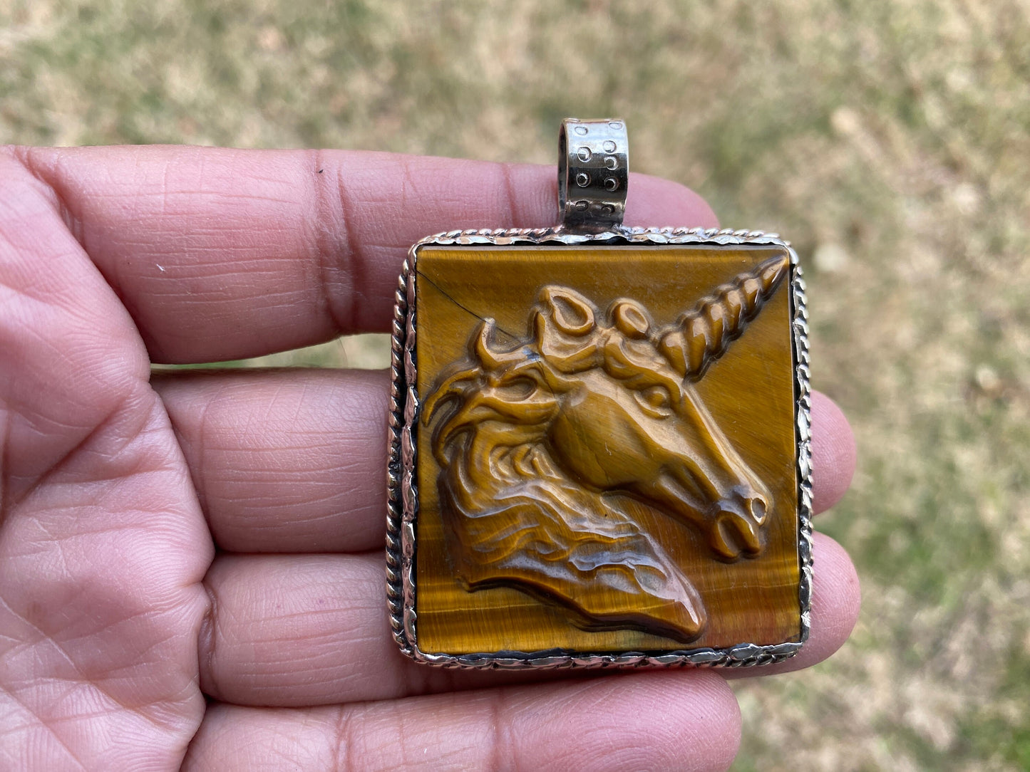 Hand Carved Unicorn Tiger Eye Natural Stone Tibetan Silver Pendant, Horse Pendant, Wildlife Jewelry, Animal Pendant, Natural Gemstone
