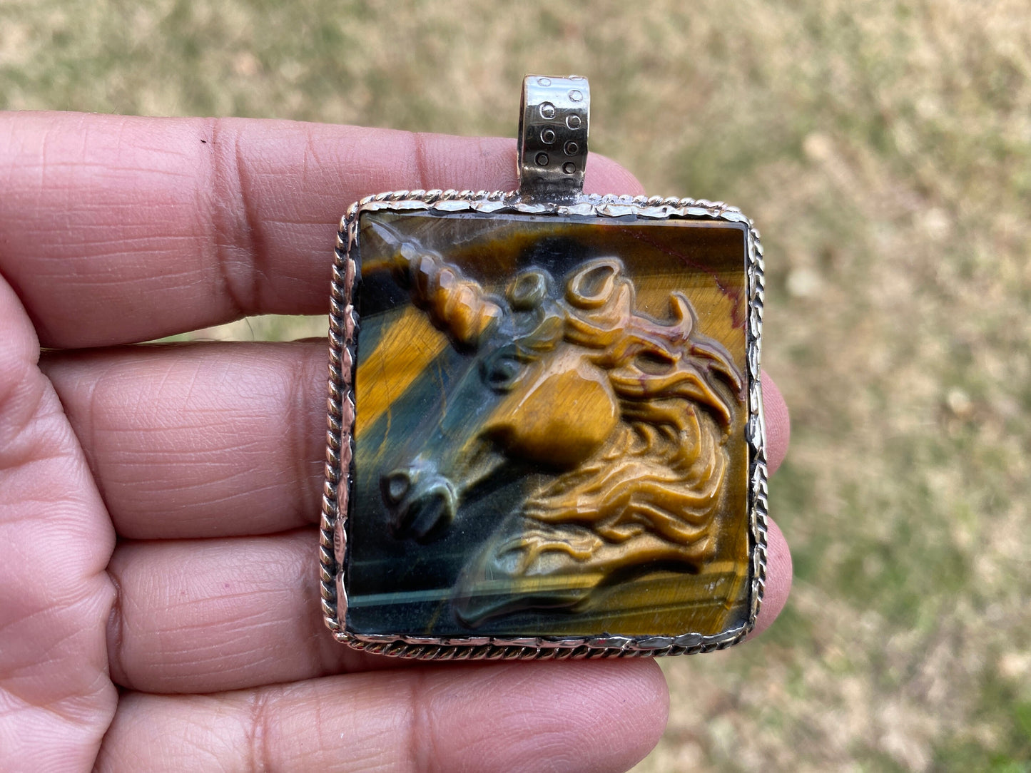 Hand Carved Unicorn Tiger Eye Natural Stone Tibetan Silver Pendant, Horse Pendant, Wildlife Jewelry, Animal Pendant, Natural Gemstone