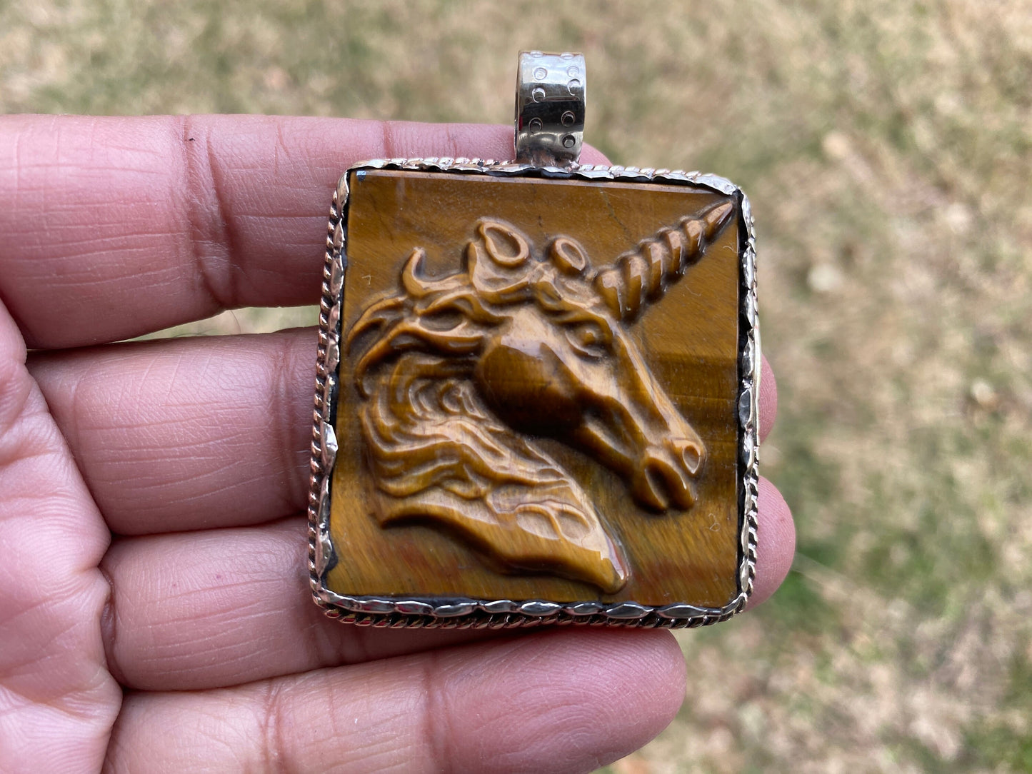 Hand Carved Unicorn Tiger Eye Natural Stone Tibetan Silver Pendant, Horse Pendant, Wildlife Jewelry, Animal Pendant, Natural Gemstone