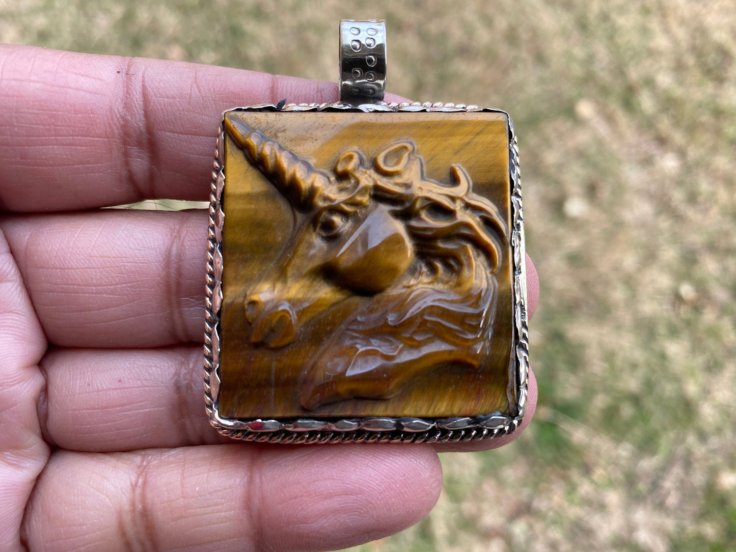 Hand Carved Unicorn Tiger Eye Natural Stone Tibetan Silver Pendant, Horse Pendant, Wildlife Jewelry, Animal Pendant, Natural Gemstone