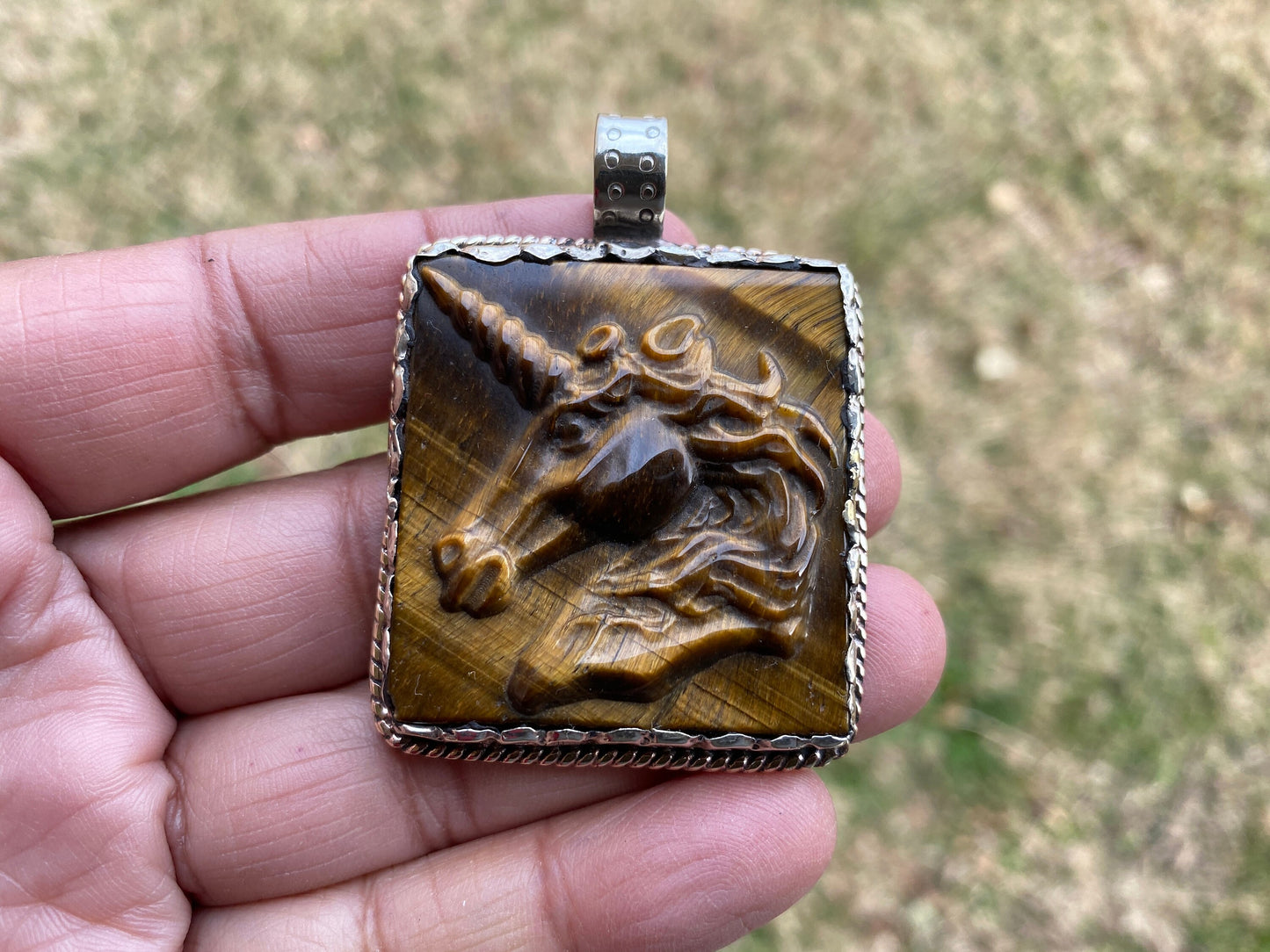 Hand Carved Unicorn Tiger Eye Natural Stone Tibetan Silver Pendant, Horse Pendant, Wildlife Jewelry, Animal Pendant, Natural Gemstone