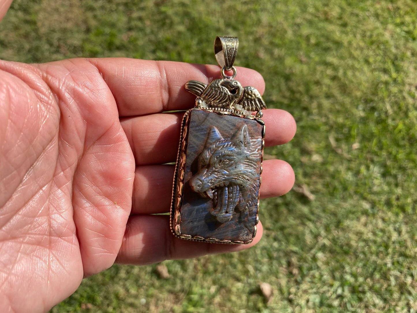 Hand Carved Wolf Labradorite Tibetan Silver Pendant, Wolf Pendant, Labradorite Wolf, Blue Labradorite, Wildlife Jewelry, Animal Pendant