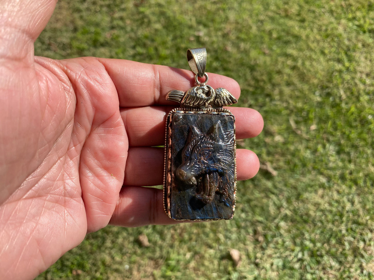 Hand Carved Wolf Labradorite Tibetan Silver Pendant, Wolf Pendant, Labradorite Wolf, Blue Labradorite, Wildlife Jewelry, Animal Pendant