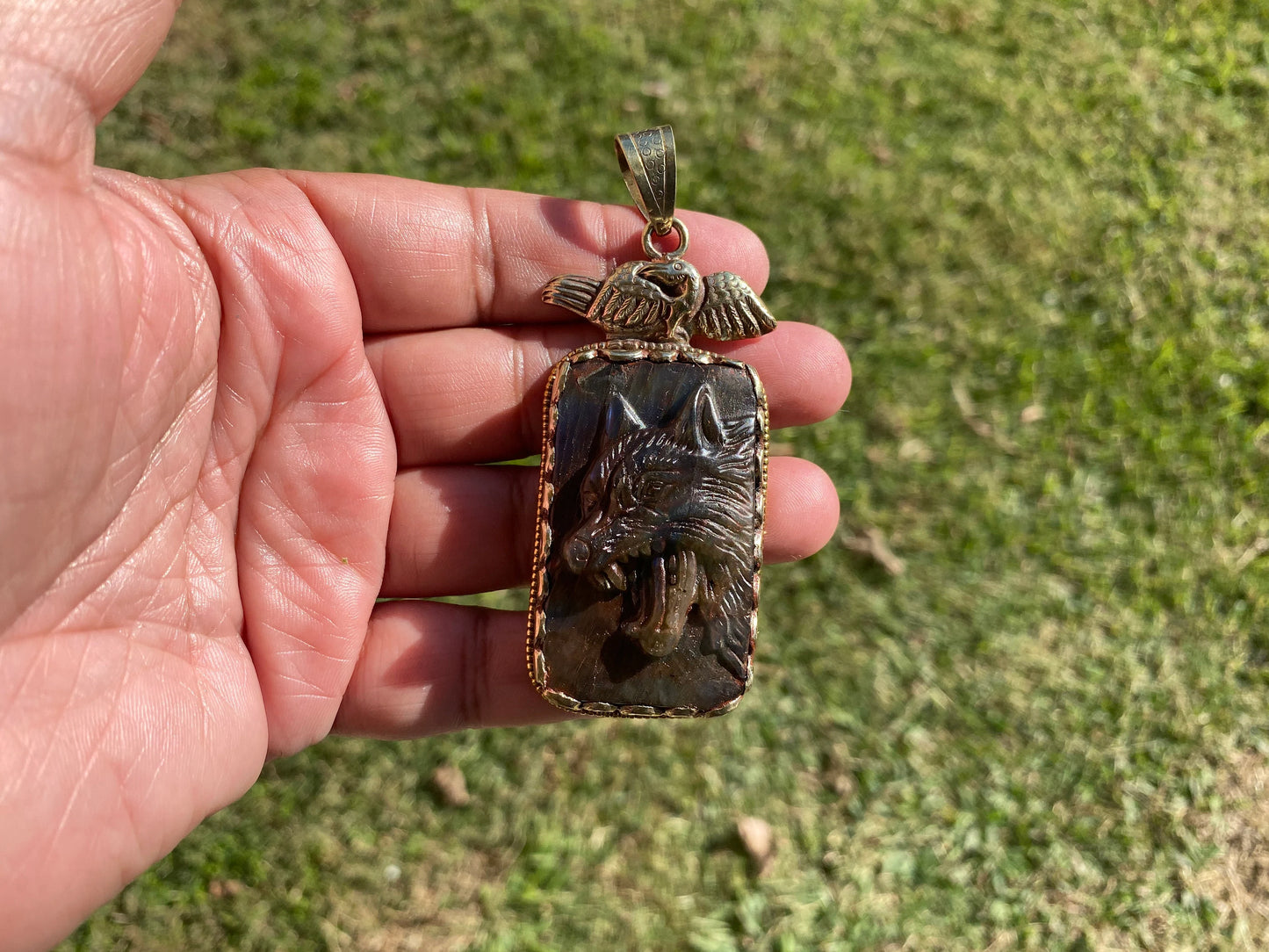 Hand Carved Wolf Labradorite Tibetan Silver Pendant, Wolf Pendant, Labradorite Wolf, Blue Labradorite, Wildlife Jewelry, Animal Pendant