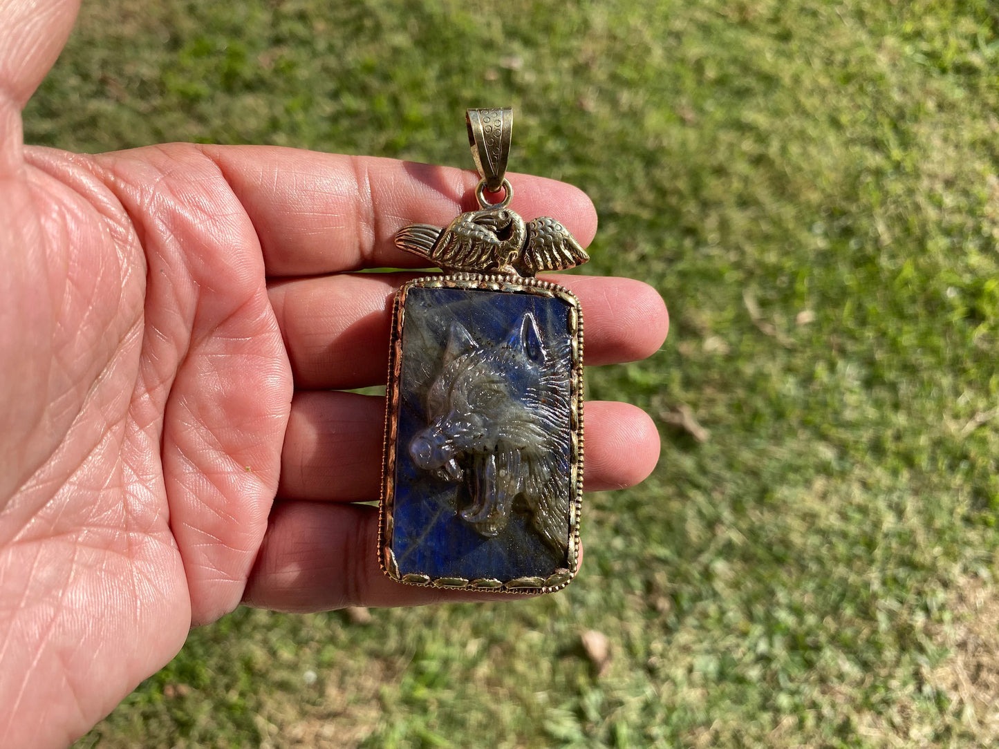 Hand Carved Wolf Labradorite Tibetan Silver Pendant, Wolf Pendant, Labradorite Wolf, Blue Labradorite, Wildlife Jewelry, Animal Pendant