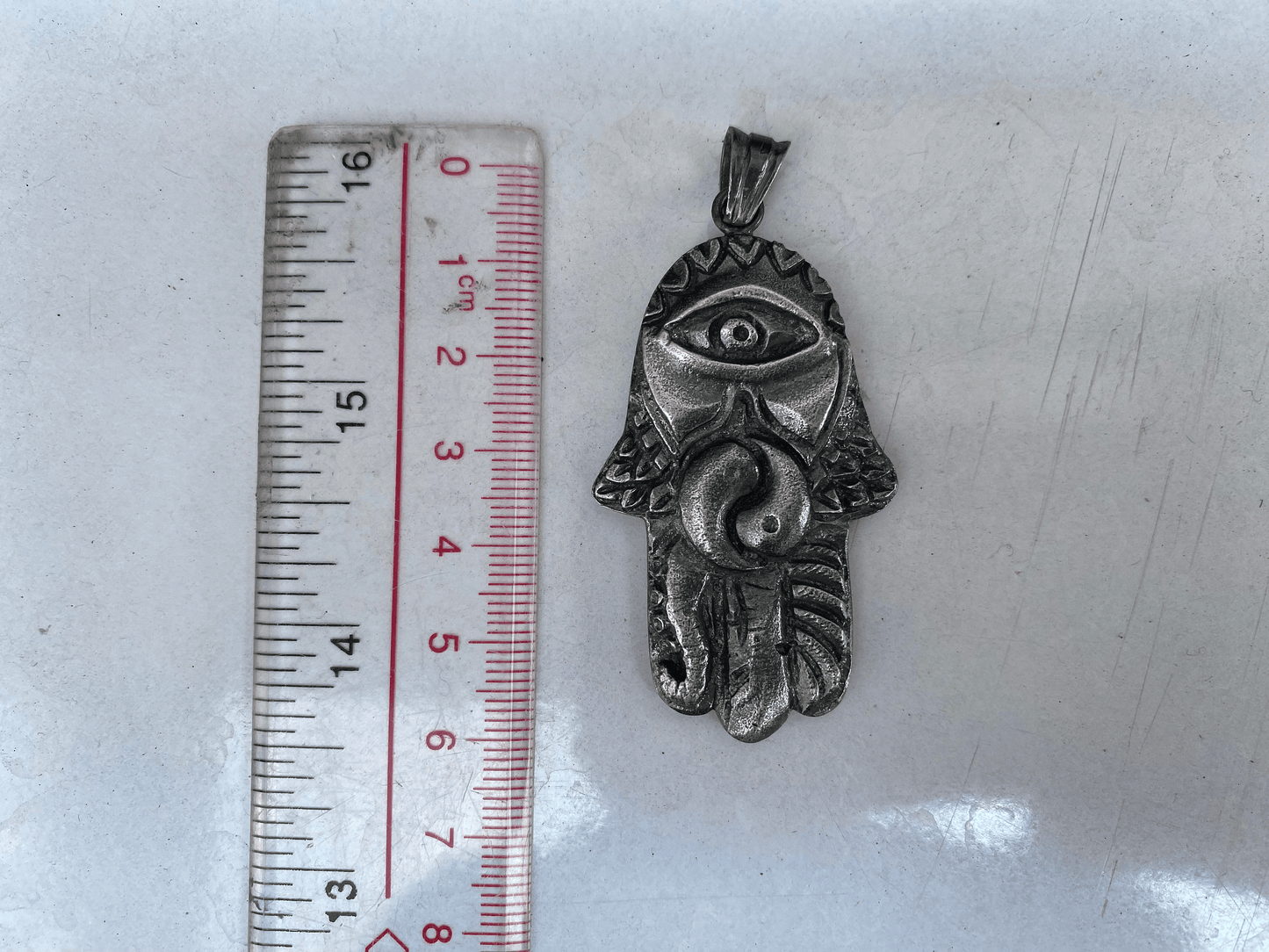 Hand Carved Hamsa and Yin-Yang in Tibetan Silver Overlay Pendant, a Unique Touch to Blend of Traditions, Unisex Jewelry