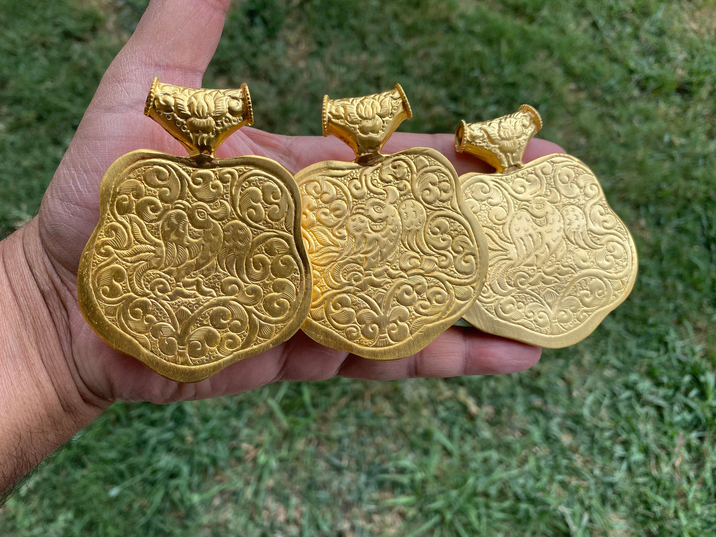 Hand Carved Tiger Labradorite Brushed Gold Overlay Large Pendant, Unique Carving, Exotic Accessory, Protective Gemstone, Wildlife Inspired