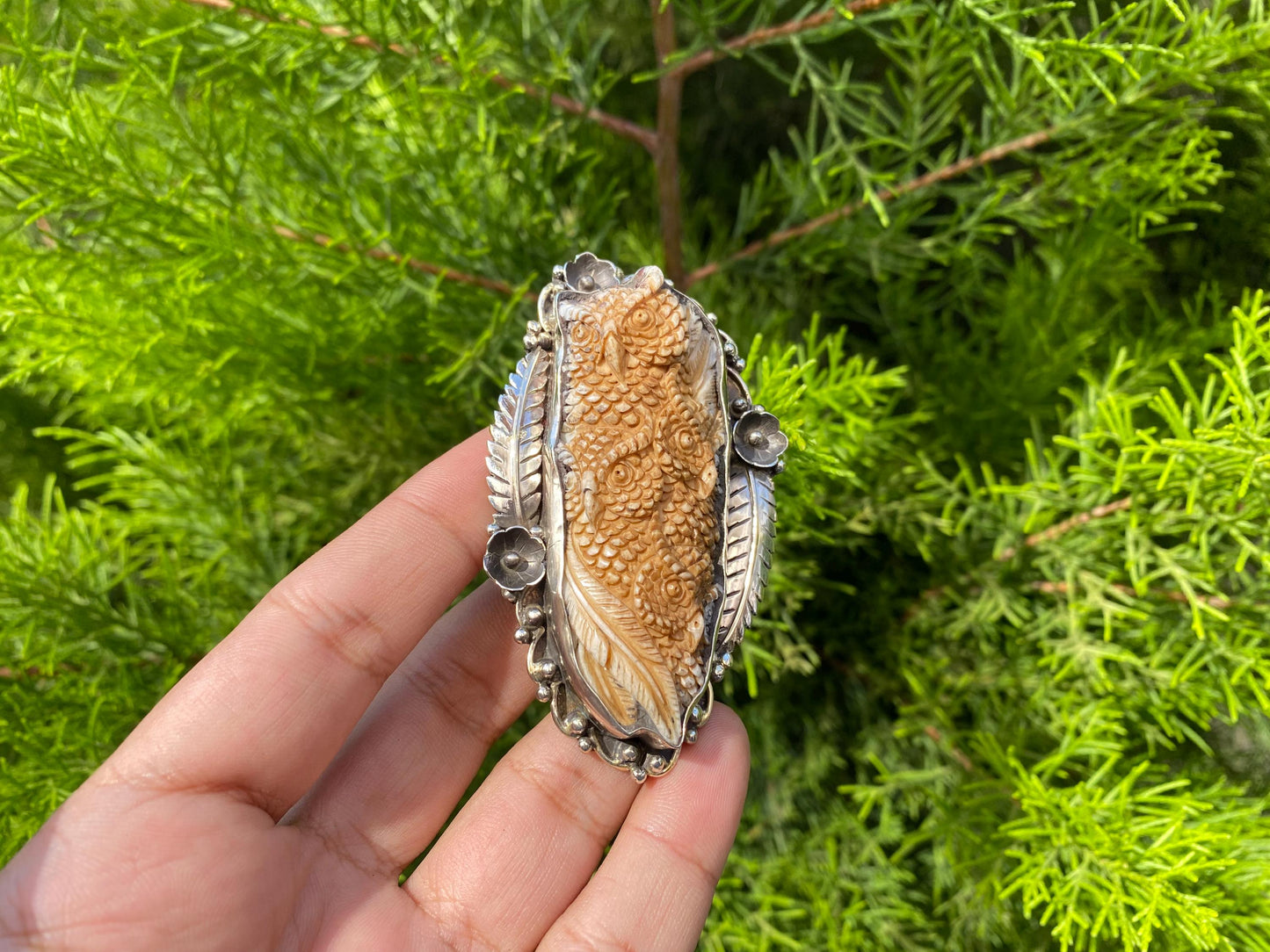 Hand carved Owl Buffalo Bone in Tibetan Silver Ring, Unique Nature Inspired Ring, Spiritual Ring, Bohemian Style, Hammered Ring,