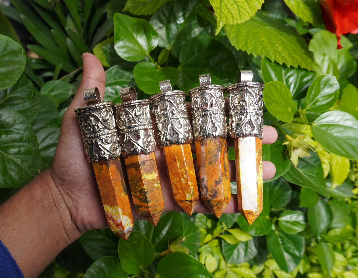 Handcrafted Aesthetic Healing Jewelry: Tibetan Silver Pendant with Natural Yellow Jasper Gemstone, Unique Pointed Pendant, Gift idea