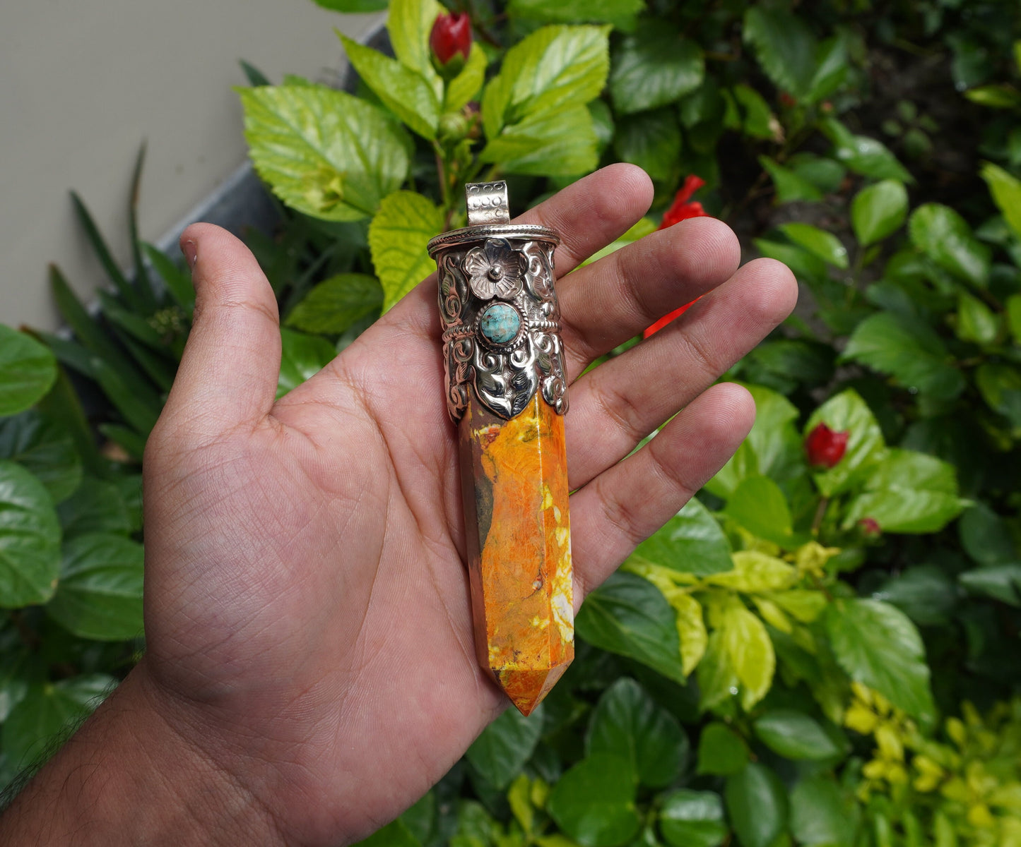 Handcrafted Aesthetic Healing Jewelry: Tibetan Silver Pendant with Natural Yellow Jasper Gemstone, Unique Pointed Pendant, Gift idea
