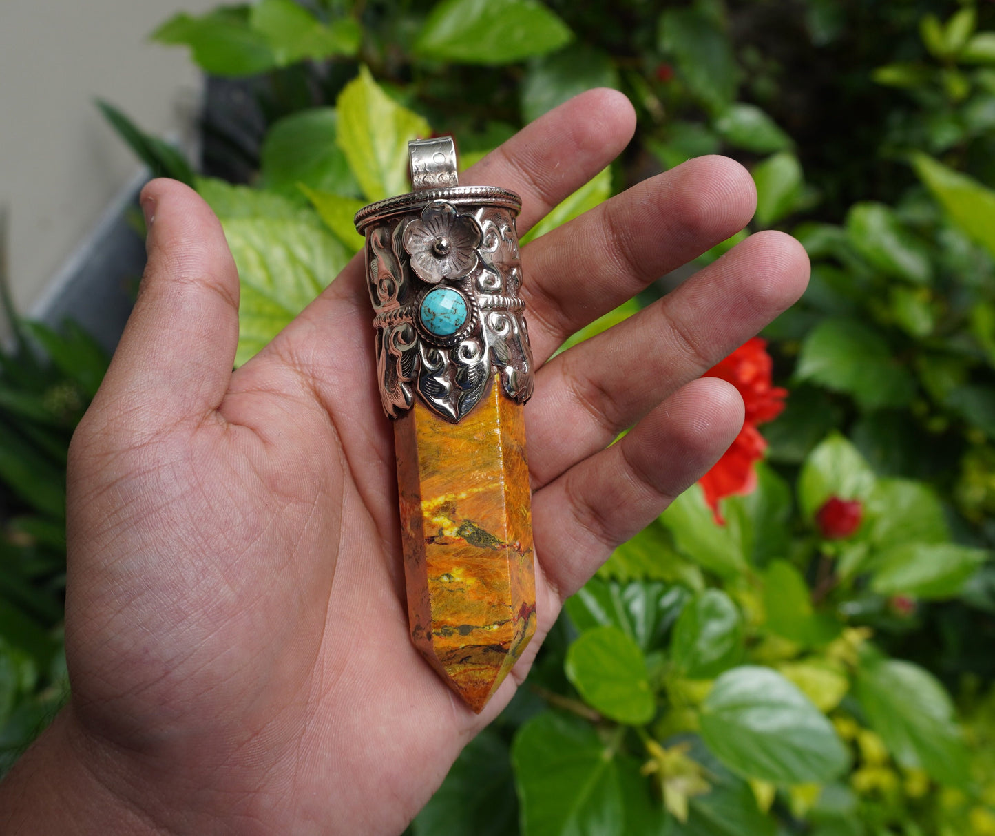 Handcrafted Aesthetic Healing Jewelry: Tibetan Silver Pendant with Natural Yellow Jasper Gemstone, Unique Pointed Pendant, Gift idea