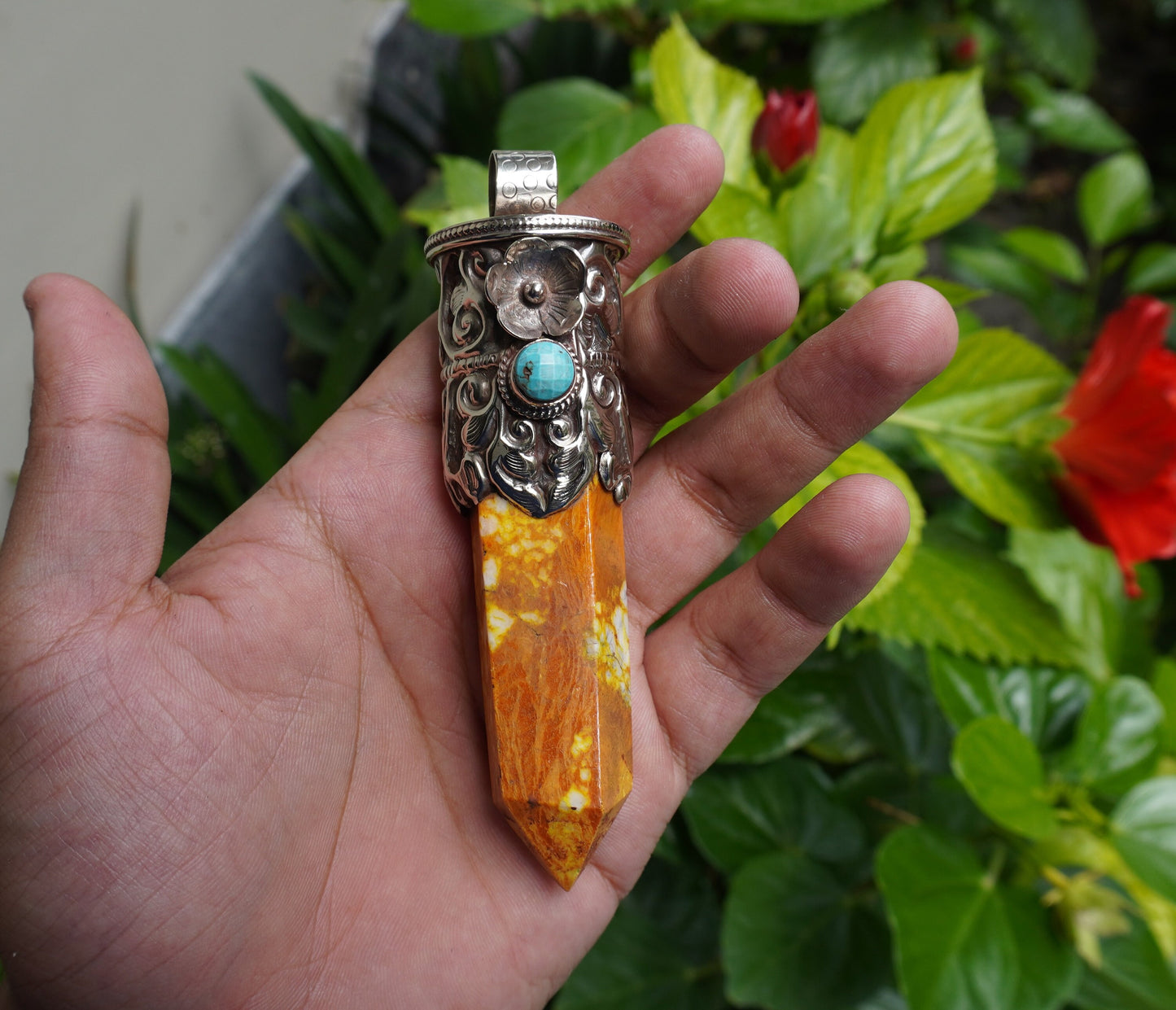 Handcrafted Aesthetic Healing Jewelry: Tibetan Silver Pendant with Natural Yellow Jasper Gemstone, Unique Pointed Pendant, Gift idea