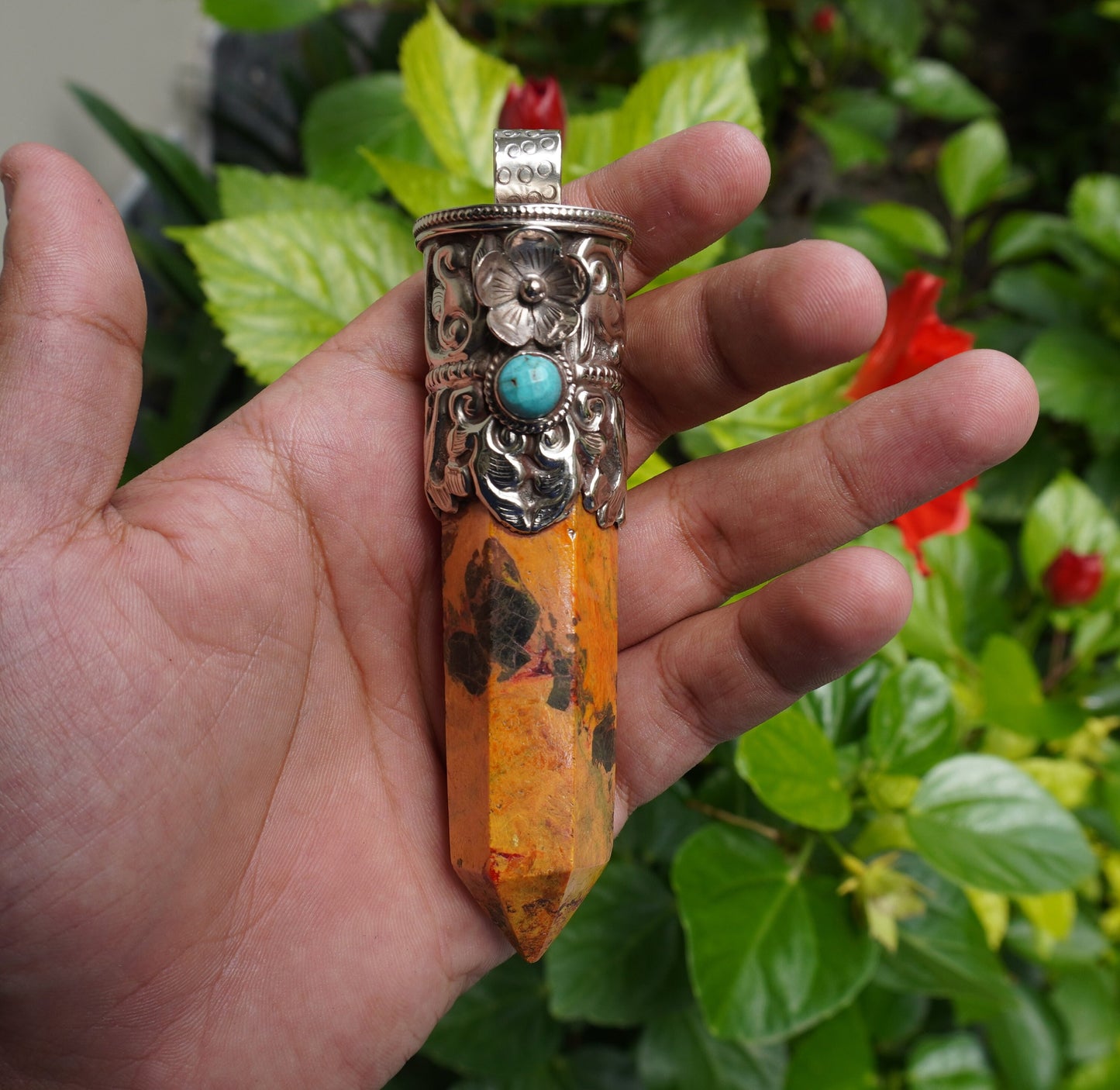 Handcrafted Aesthetic Healing Jewelry: Tibetan Silver Pendant with Natural Yellow Jasper Gemstone, Unique Pointed Pendant, Gift idea