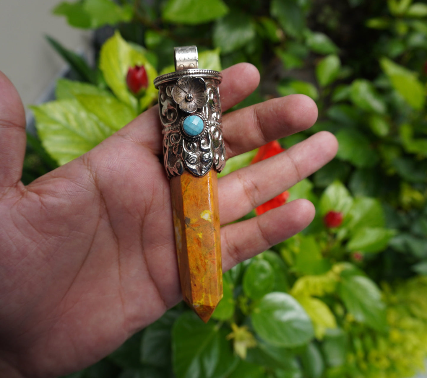 Handcrafted Aesthetic Healing Jewelry: Tibetan Silver Pendant with Natural Yellow Jasper Gemstone, Unique Pointed Pendant, Gift idea