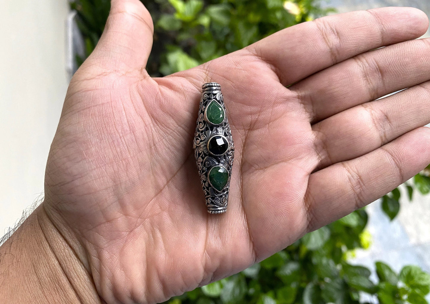 Handcrafted Copper Tibetan Beads with Black Onyx and Emerald Inlay for Necklace and Bracelet | Guru Beads, Mala Beads, Jewelry Making, Boho