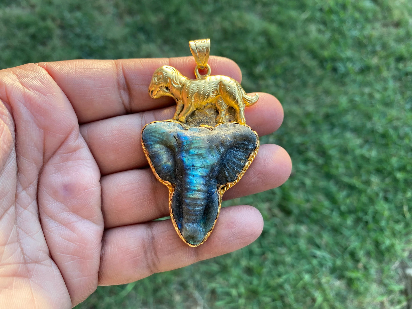 Handcrafted Elephant Head Labradorite Pendant, Non Tarnish Brushed Gold Overlay, Elephant Pendant, Animal Pendant, Unique Carving Jewelry