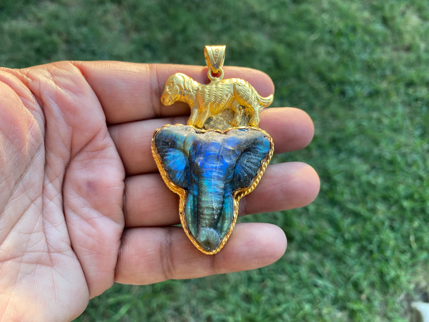 Handcrafted Elephant Head Labradorite Pendant, Non Tarnish Brushed Gold Overlay, Elephant Pendant, Animal Pendant, Unique Carving Jewelry