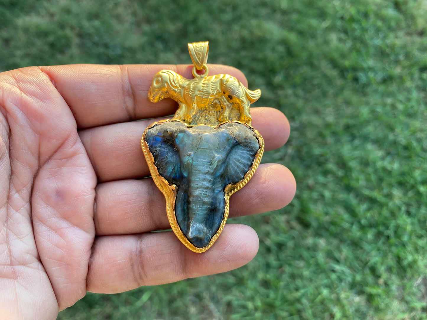 Handcrafted Elephant Head Labradorite Pendant, Non Tarnish Brushed Gold Overlay, Elephant Pendant, Animal Pendant, Unique Carving Jewelry