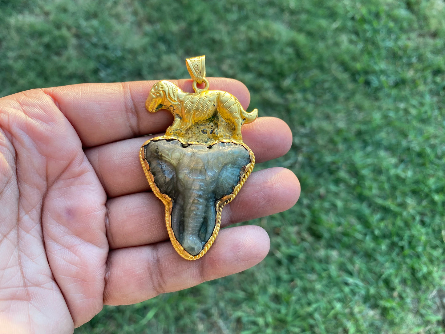Handcrafted Elephant Head Labradorite Pendant, Non Tarnish Brushed Gold Overlay, Elephant Pendant, Animal Pendant, Unique Carving Jewelry