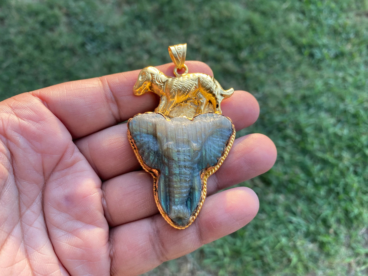 Handcrafted Elephant Head Labradorite Pendant, Non Tarnish Brushed Gold Overlay, Elephant Pendant, Animal Pendant, Unique Carving Jewelry