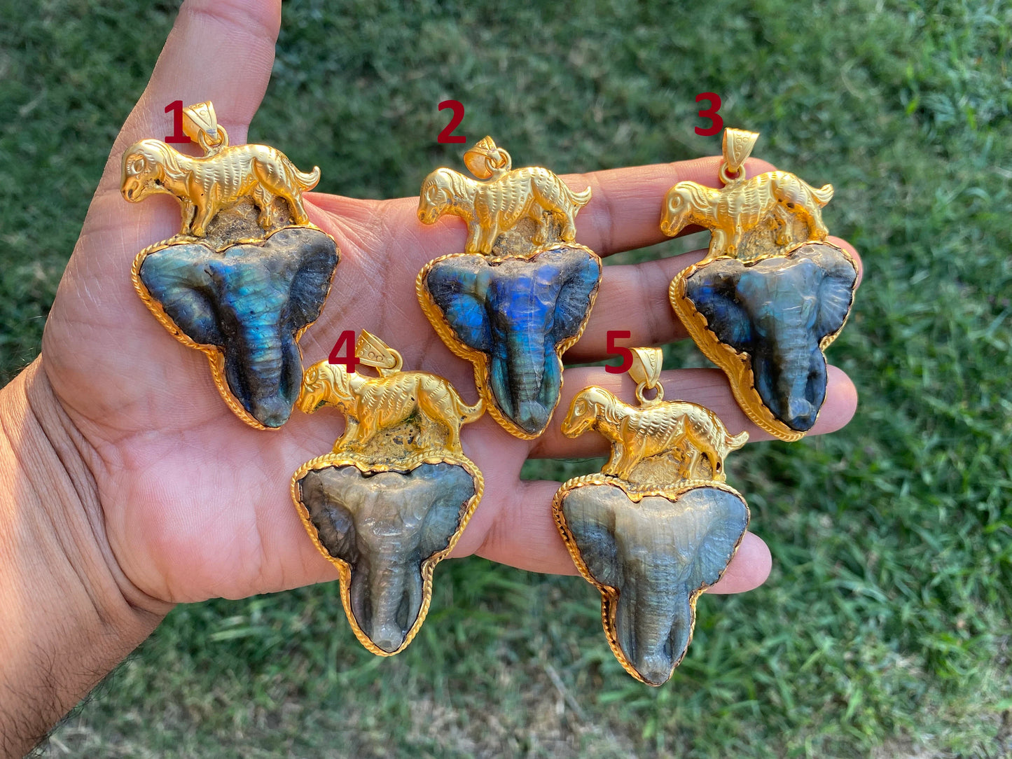 Handcrafted Elephant Head Labradorite Pendant, Non Tarnish Brushed Gold Overlay, Elephant Pendant, Animal Pendant, Unique Carving Jewelry
