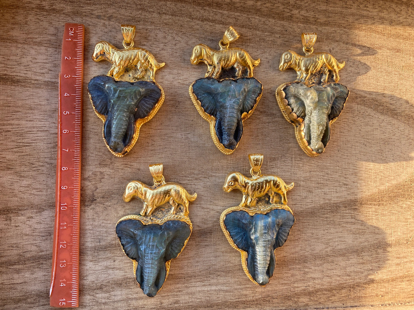 Handcrafted Elephant Head Labradorite Pendant, Non Tarnish Brushed Gold Overlay, Elephant Pendant, Animal Pendant, Unique Carving Jewelry